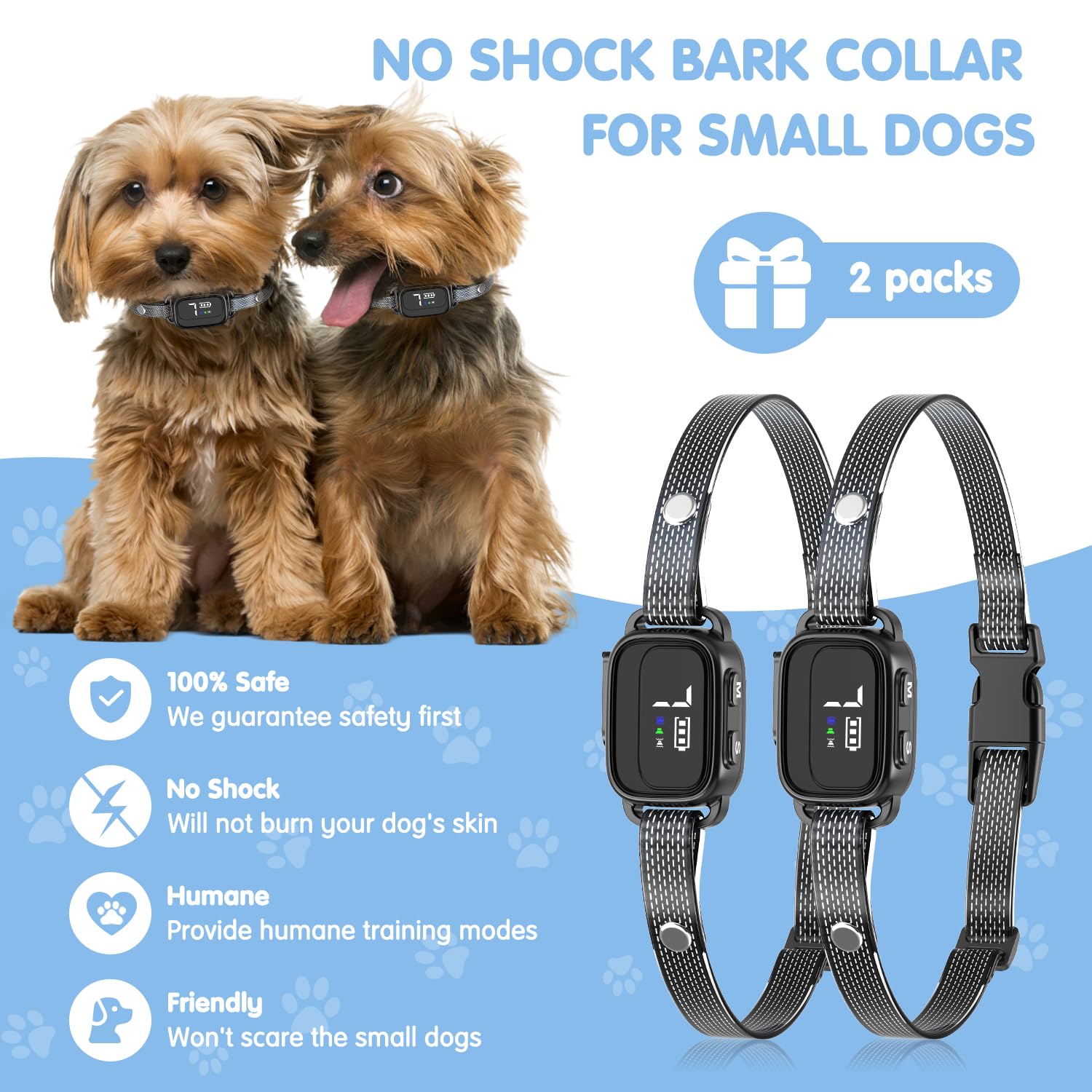 Ricivi Dog Bark Collar For Small Dogs 2 Pack, No Shock Anti-Bark Collars With 7 Sensitivities, 3 Adjustable Modes Beep & Vibrati