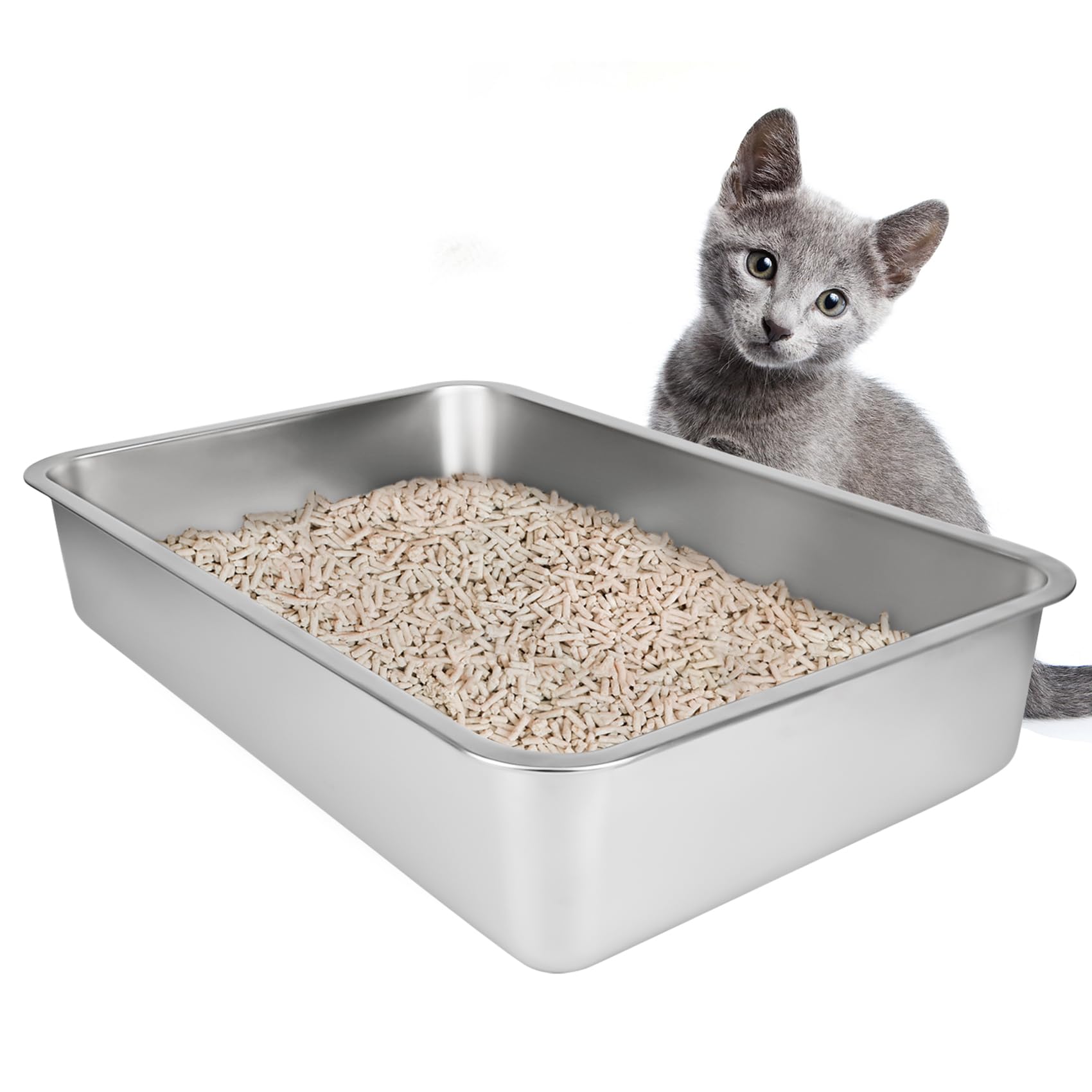 Ikitchen Stainless Steel Cat Litter Box, Large Metal Litter Box For Cats Rabbits, Never Absorbs Odors,Stain Free, Rustproof, Non