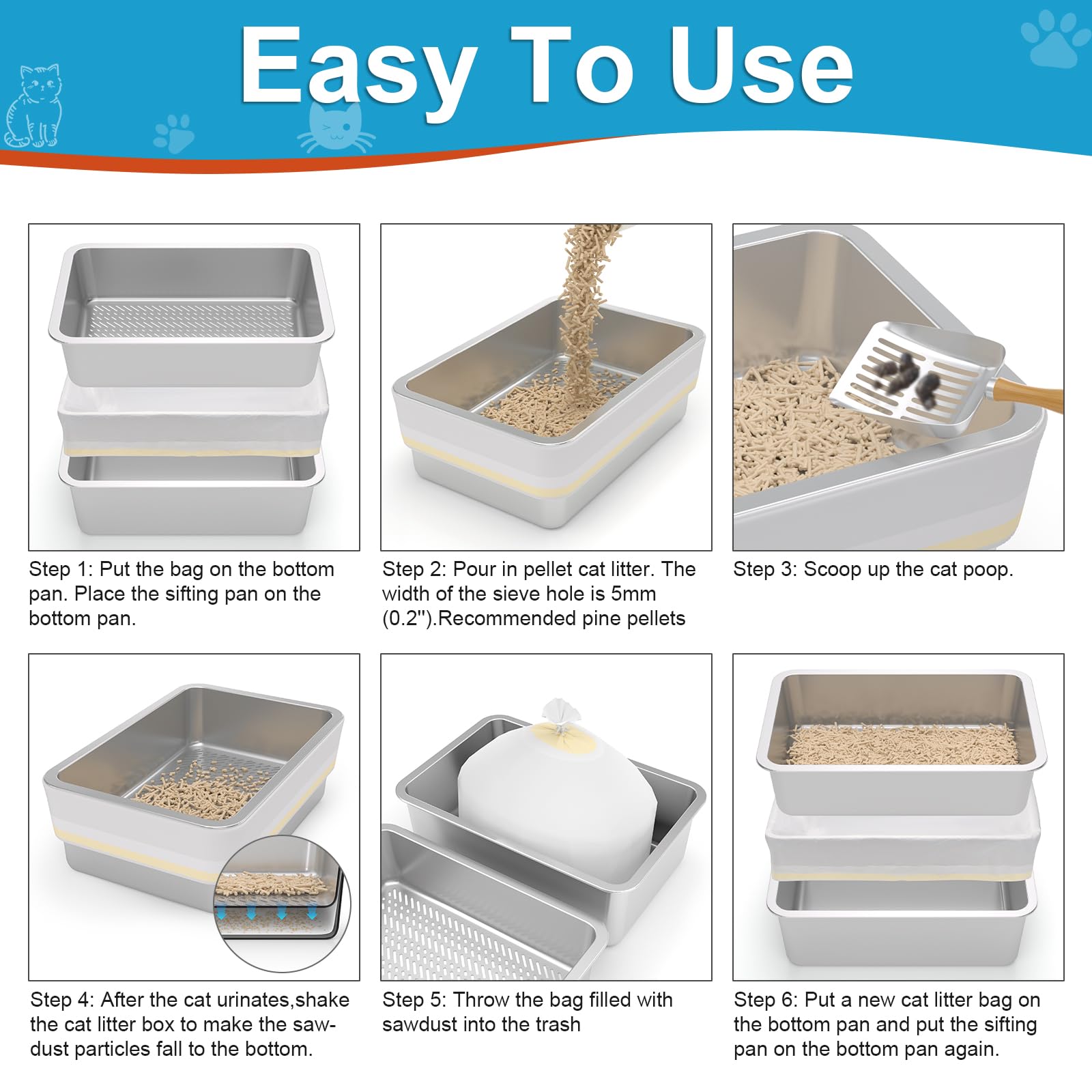 Xl All Stainless Steel Sifting Litter Box With Lid,Sifting Cat Litter Box For Wood Pine Pellets,High Sides Sifter Litter Pan Sys