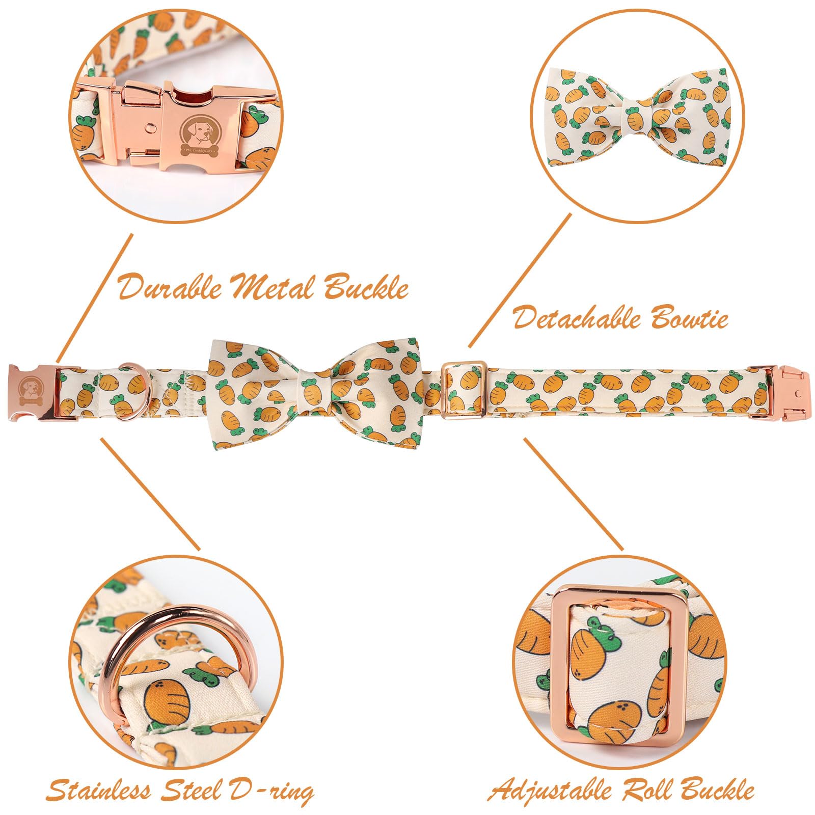 Mr.Chubbyface Easter Dog Collar With Bowtie, Cute Carrot Easter Dog Collar With Metal Buckle,Adjustable Soft Pet Collar For Smal