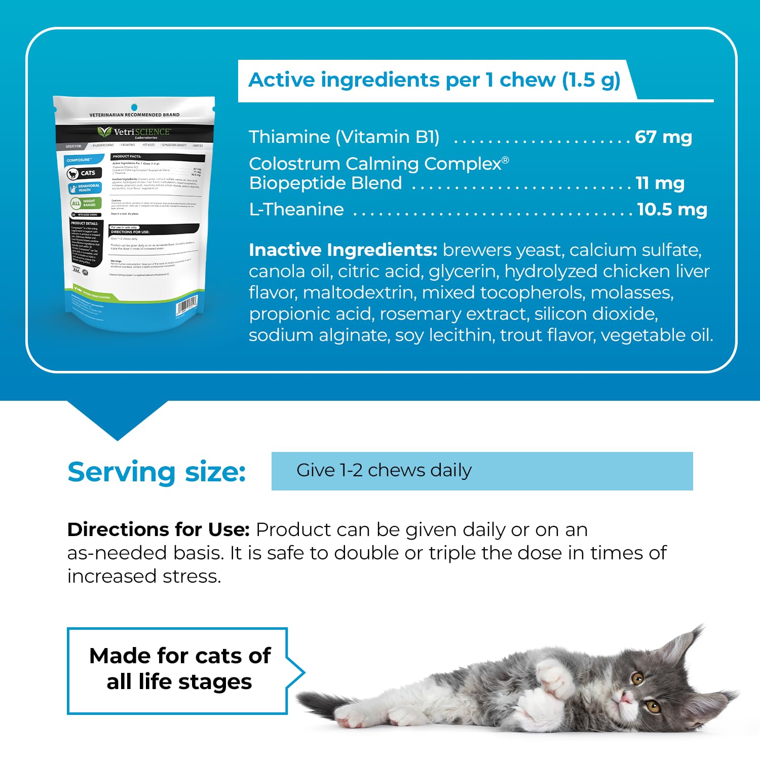 VetriScience Calm & Confident Chews, Composure Calming and Anxiety Supplement for Cats, Reduce Stress and Fear, Ideal for Travel