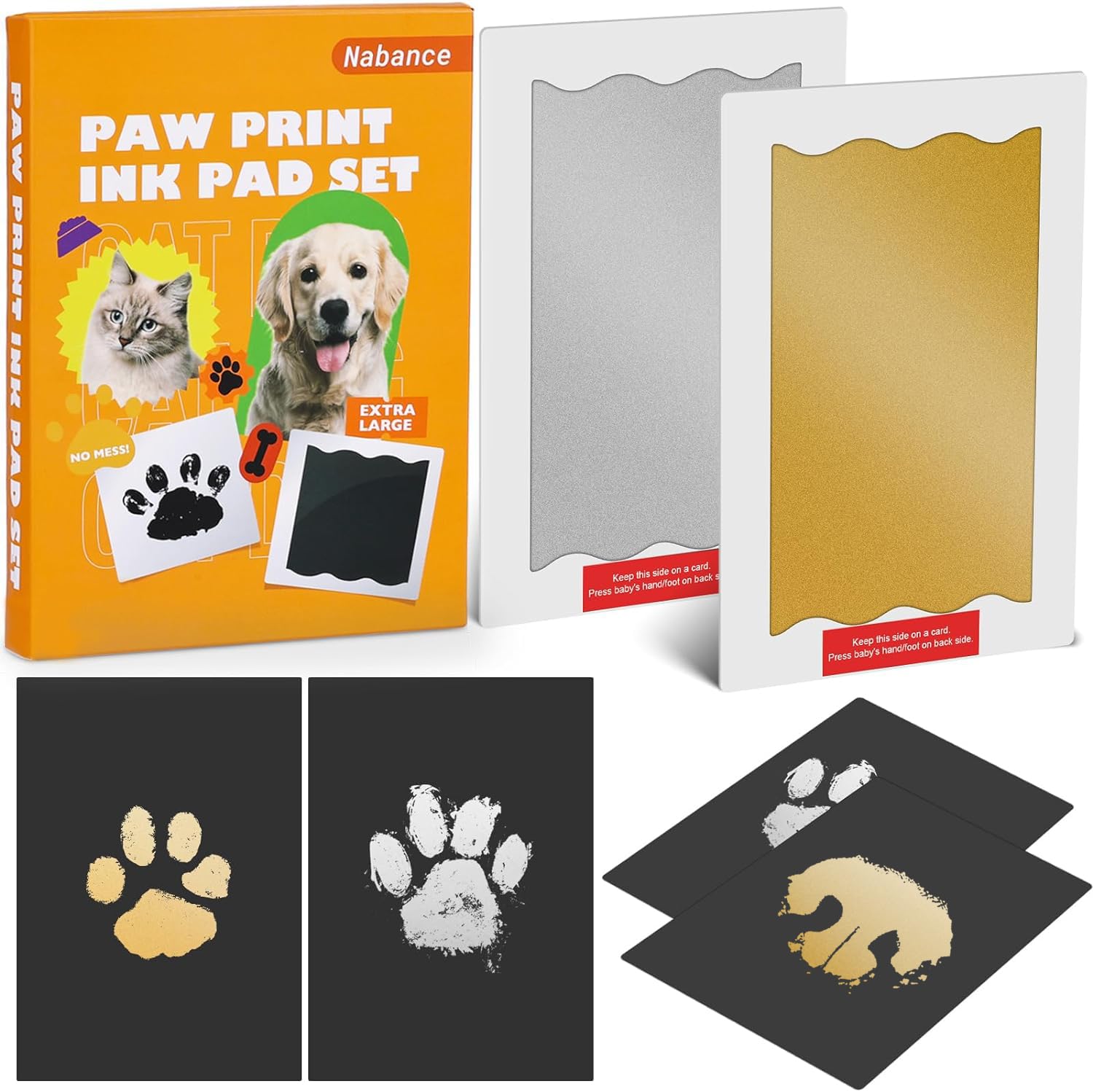Nabance Baby Footprint Kit, Paw Print Kit, Dog Nose Print Kit, 2 Large Size Gold and Silver Ink Pads with 4 Black Imprint Card, 