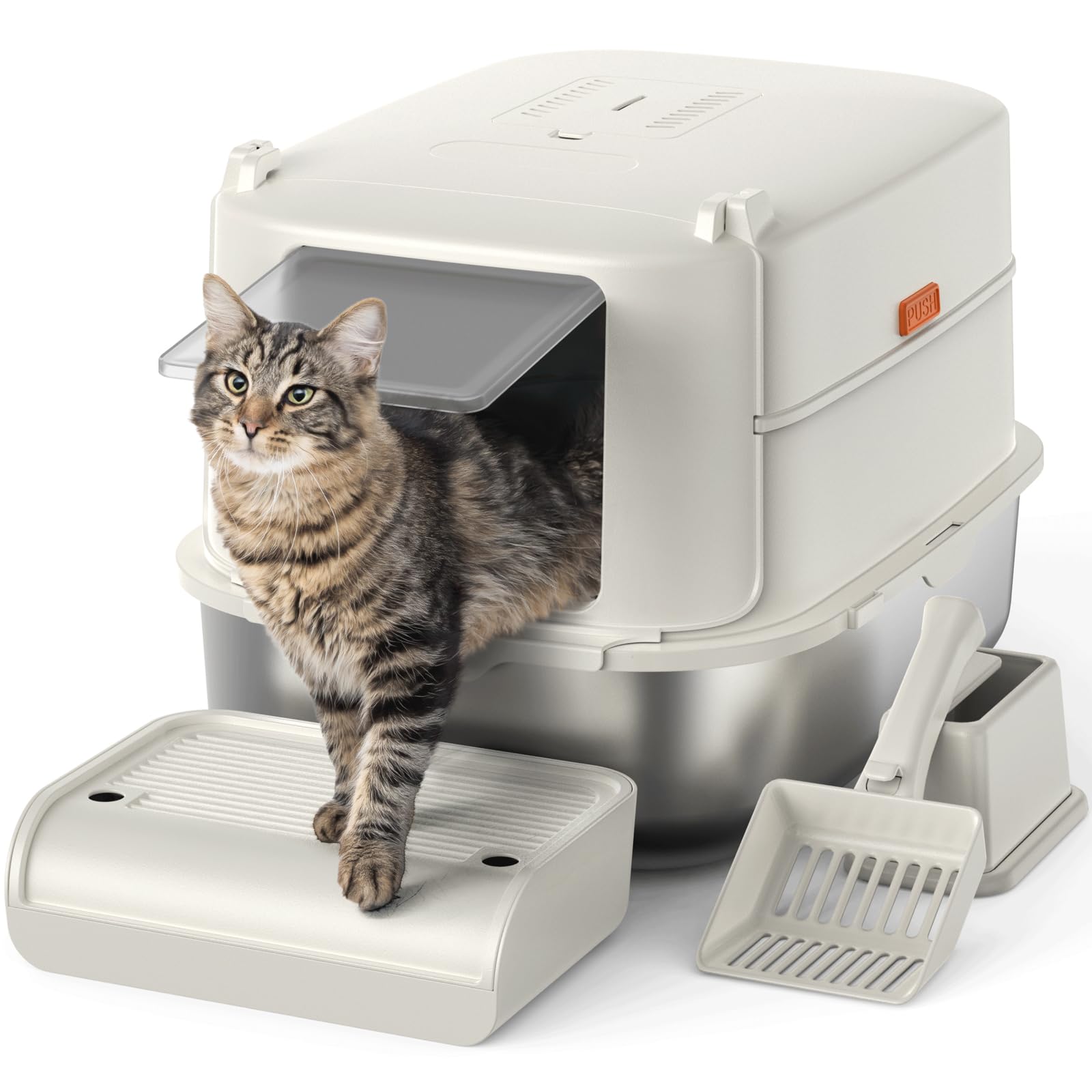 Furkid Stainless Steel Cat Litter Box With Lid, Xl Extra Large Litter Box For Big Cats, Enclosed Metal Kitty Litter Box With Hig