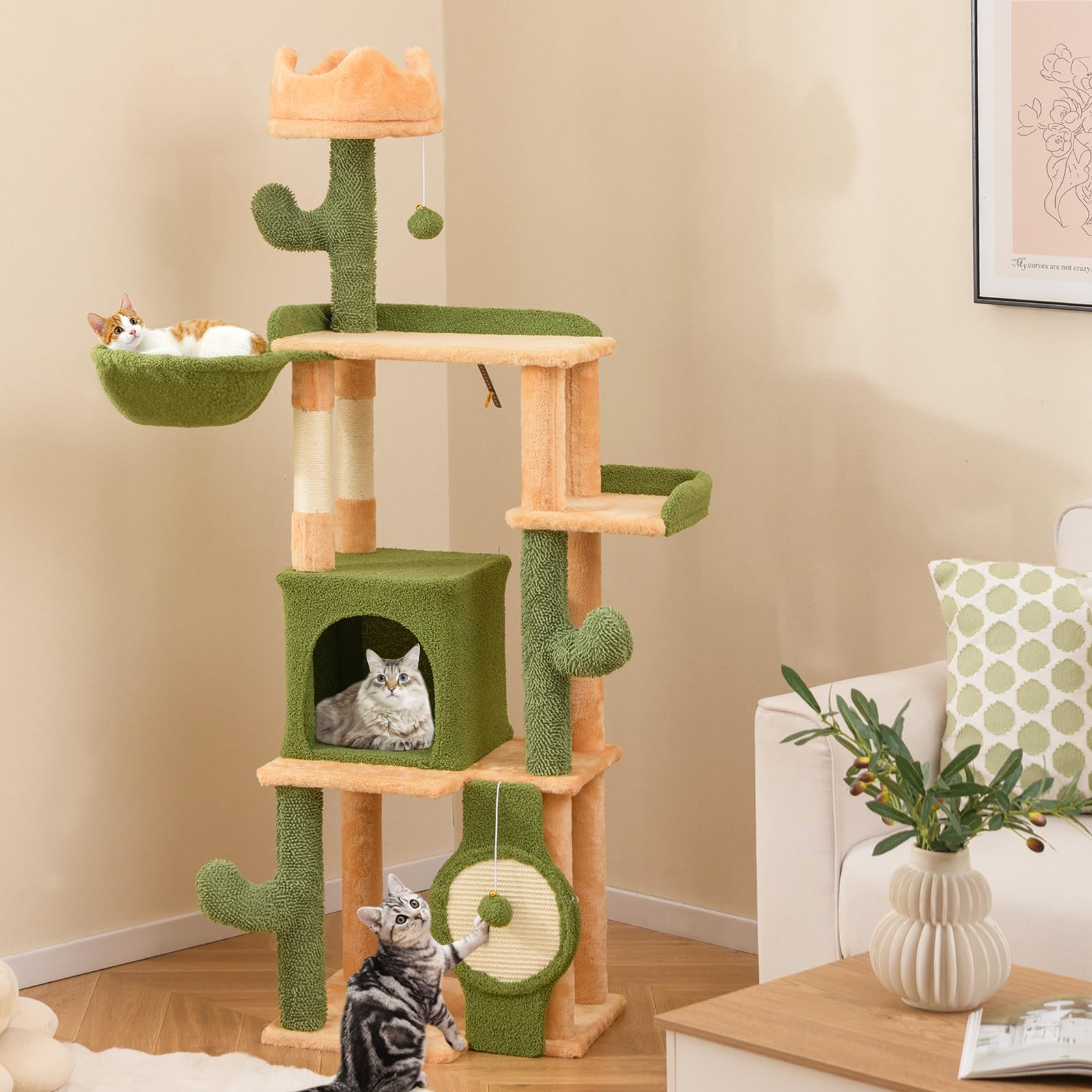 Tangkula Cactus Cat Tree, 63 Inch Multi-Level Tall Cat Tower With Sisal Scratching Posts & Board, Condo, Padded Perch, Hanging T