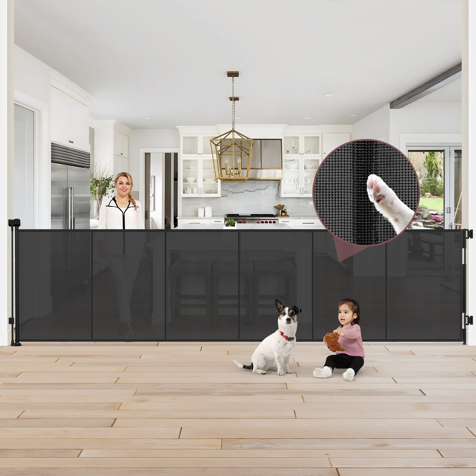 Reinforced 41'' Tall    150'' Extra Long Retractable Baby Gate with Support Rods, Indoor Dog Gates for The House Extra Wide Baby
