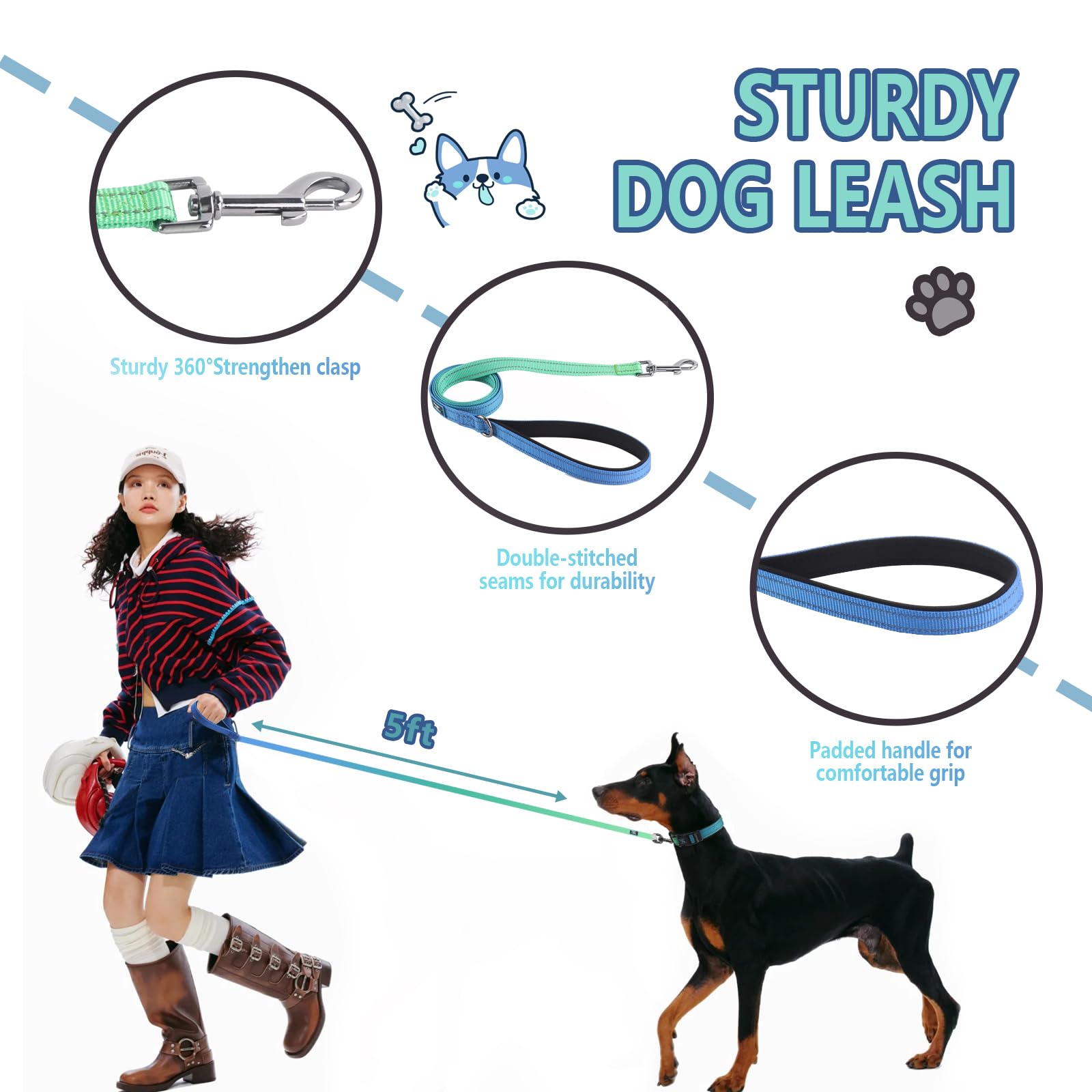 Roses&Poetry Bluegreen Medium Dog Collar And Leash Set, Puppy Reflective Leashes With Collars, Adjustable Durable Matching Colla