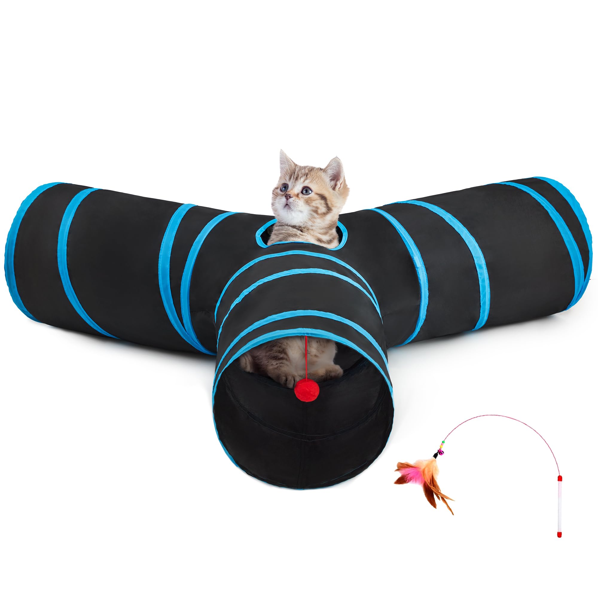 Tempcore Pet Cat Tunnel Tube Cat Toys 3 Way Collapsible, Cat Tunnels For Indoor Cats，Kitty Tunnel Bored Cat Pet Toys Peek Hole Toy Ball Cat, Puppy, Kitty, Kitten, Rabbit Blue Large Size