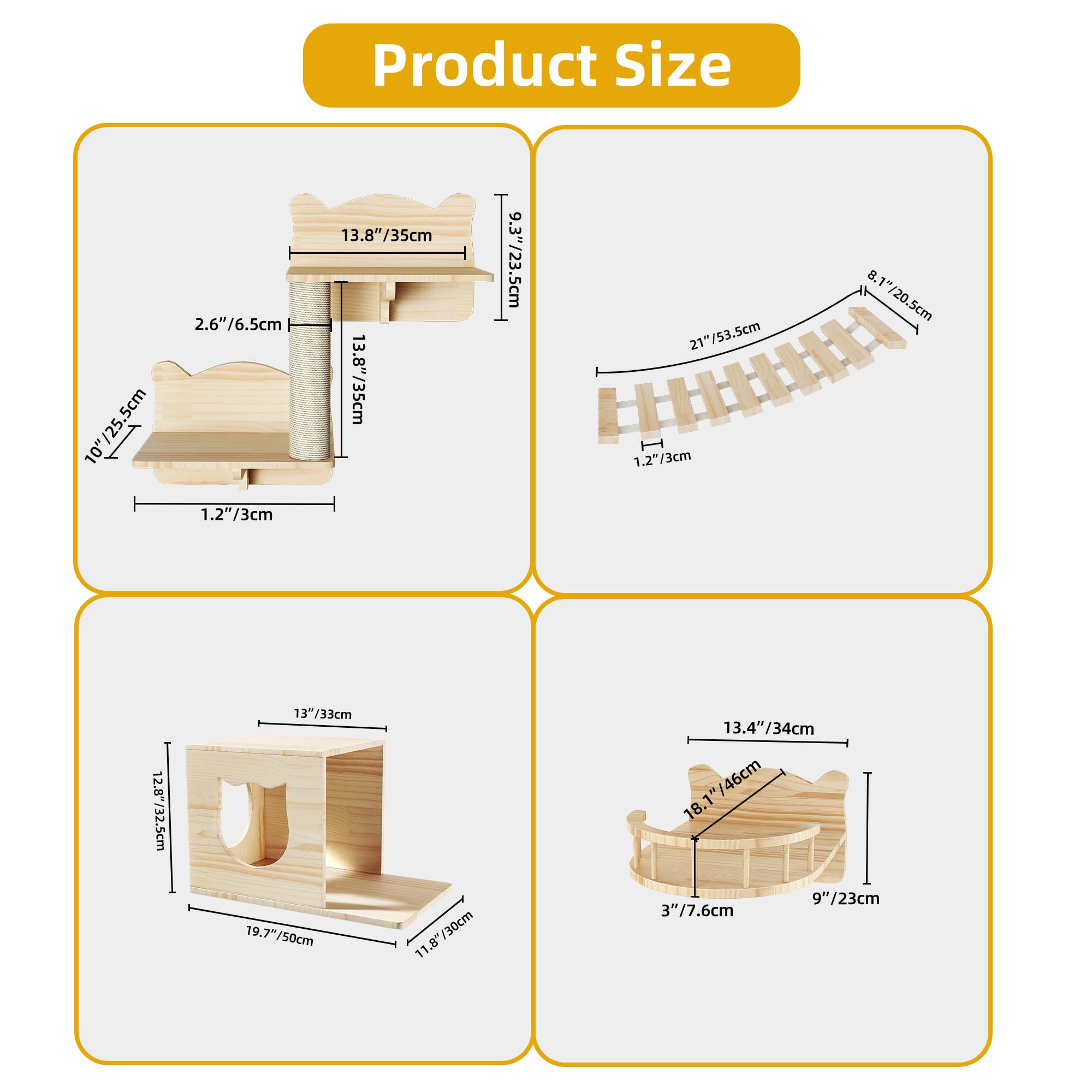 Homiflex Cat Wall Shelves Set of 9, Burlywood Wooden Cat Furniture with Scratching Post, House, Condo, Bridge Ladder for Multiple Cats