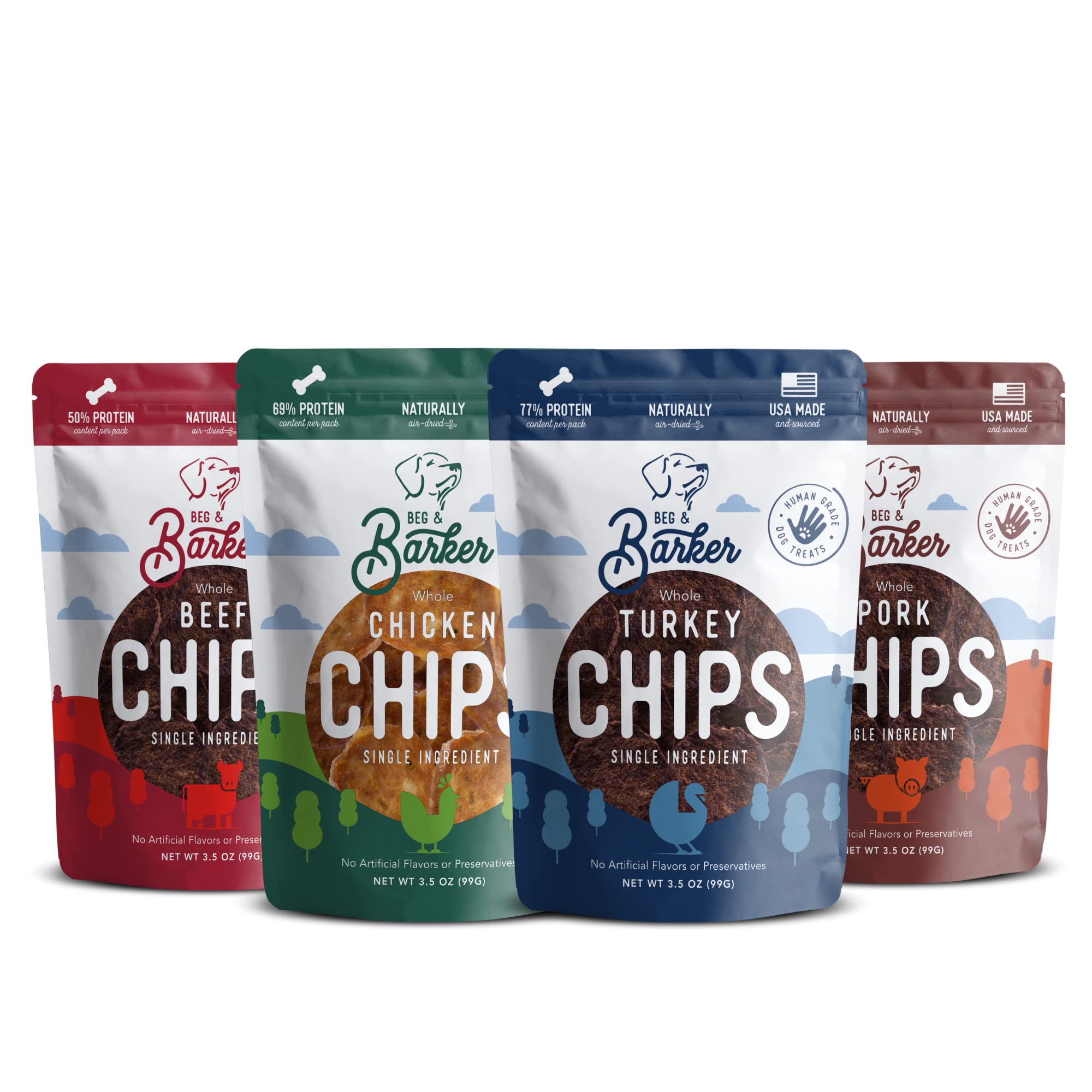 Beg & Barker Jerky Chips for Dogs Variety (3.5oz, Pack of 4) - Single Ingredient Dog Treats Made for Small and Large Dogs Protei