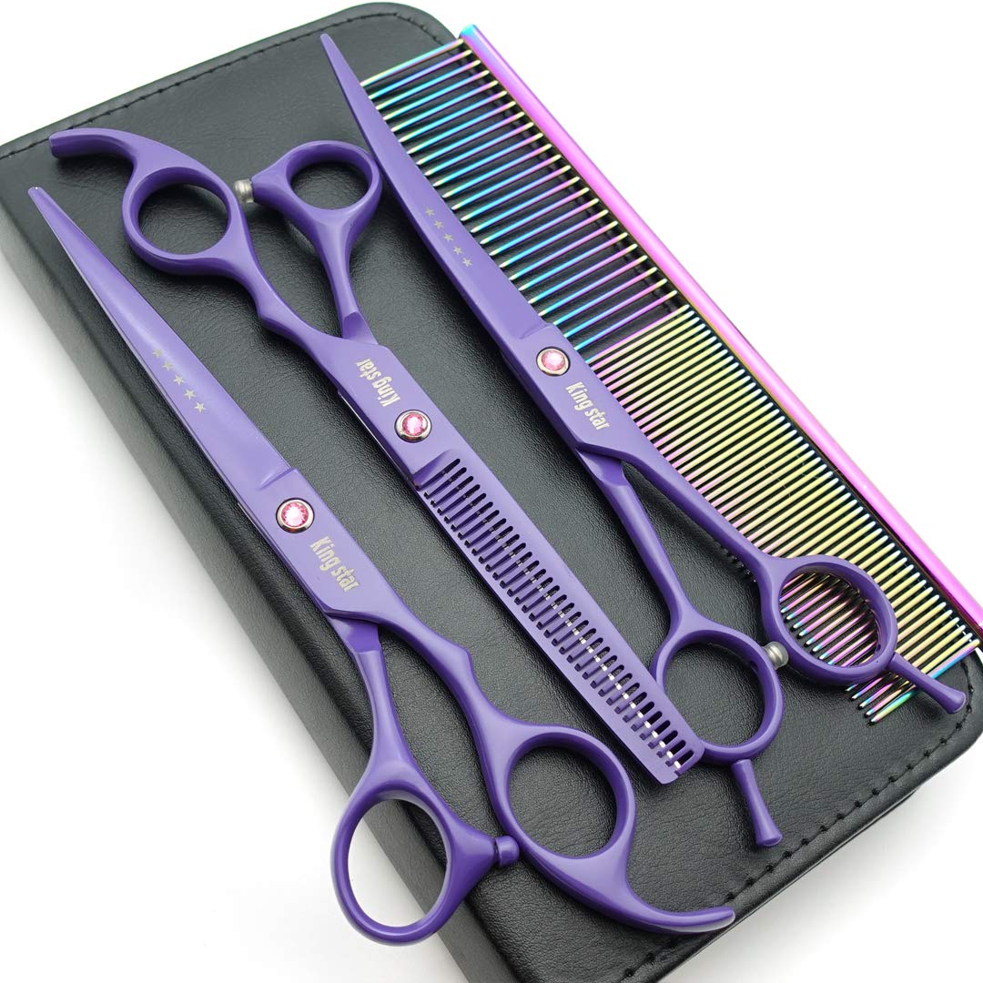 Kingstar 7.0In. Matt Purple Professional Pet Grooming Scissors Set,Straight & Thinning & Curved Scissors Set With Comb,Case,A429