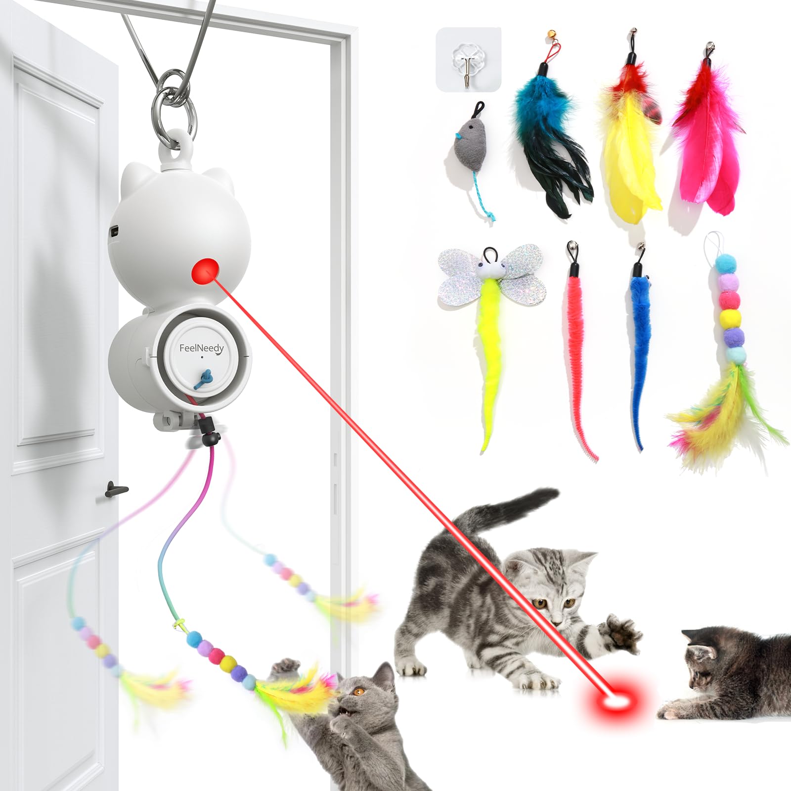 Feelneedy Laser Interactive Cat Toys, Led Light, 8 Pcs Replacement Teaser With Bell Refills, Feather & Mouse Cats Toy, Hanging C