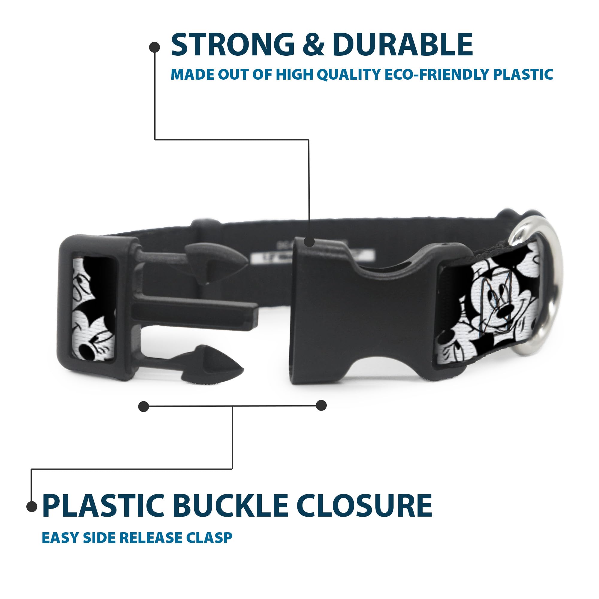 Buckle-Down Plastic Clip Collar - Mickey Mouse Expressions Stacked White/Black - 1' Wide - Fits 11-17' Neck - Medium
