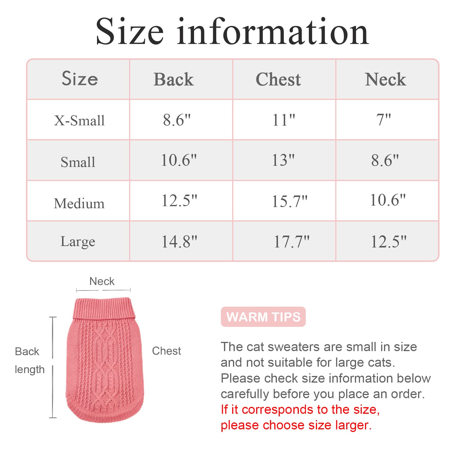 Jnancun Cat Sweater Turtleneck Knitted Sleeveless Cat Clothes Warm Winter Kitten Clothes Outfits For Cats Or Small Dogs In Cold Season (Large, Pink)