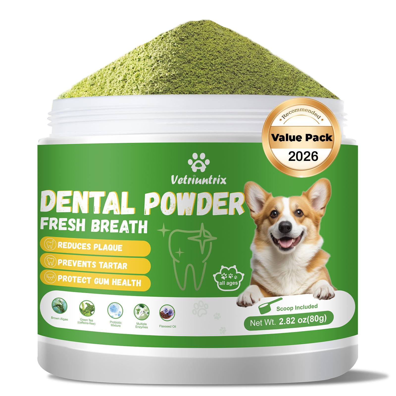 Vetriuntrix Dog Teeth Cleaning Powder, Dog Dental Powder for Teeth Cleaning and Dog Breath Fresh for Dogs with Probiotic & Tarta