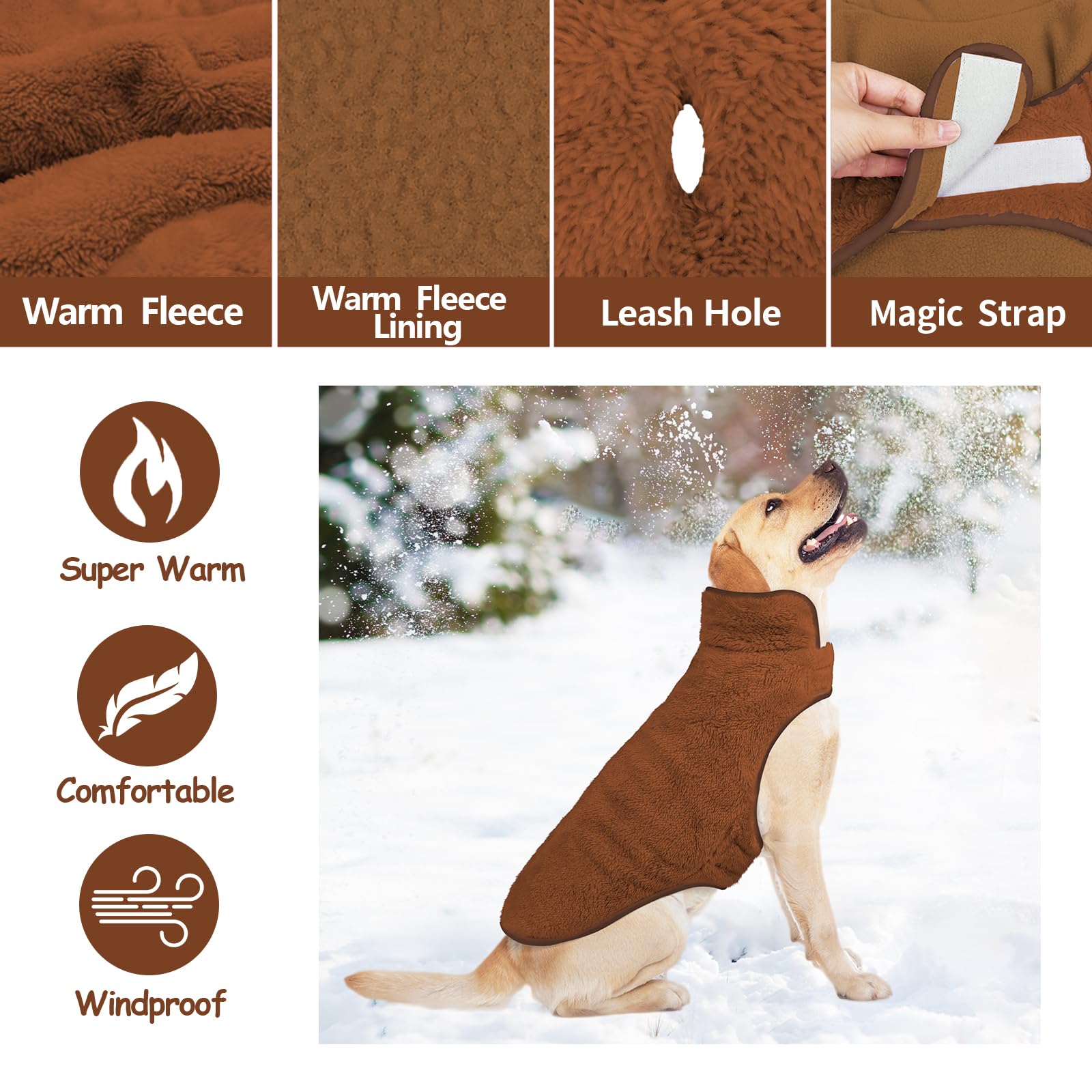 Malier Reversible Fleece Dog Coat, Windproof Warm Jacket For Dogs, Snow Vest - Brown, X-Small