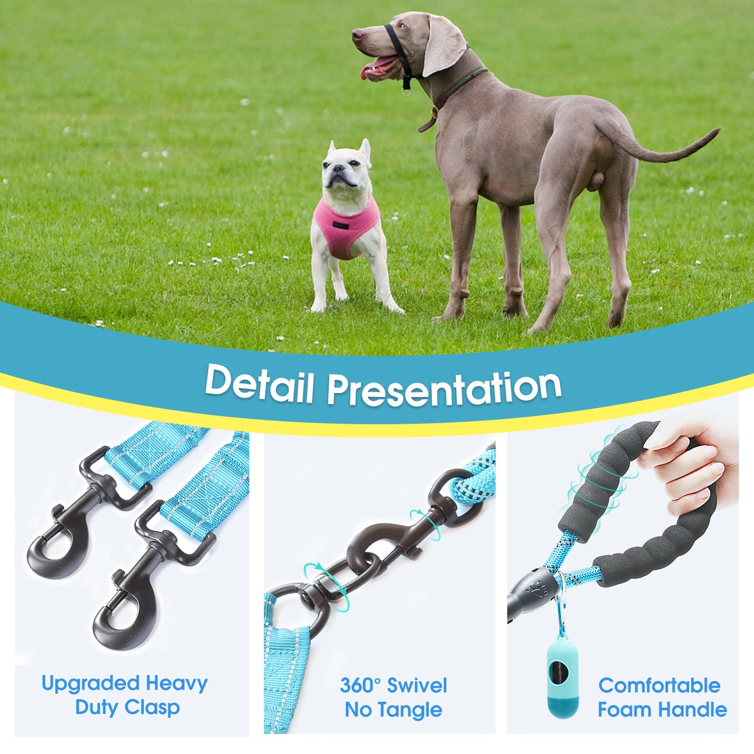 Baapet Double Dog Leash, 4 Ft Rope Dog Leash With Tangle Free Shock Absorbing Bungee And Poop Bags For Dual Small Medium Large Dogs (Small, Blue)