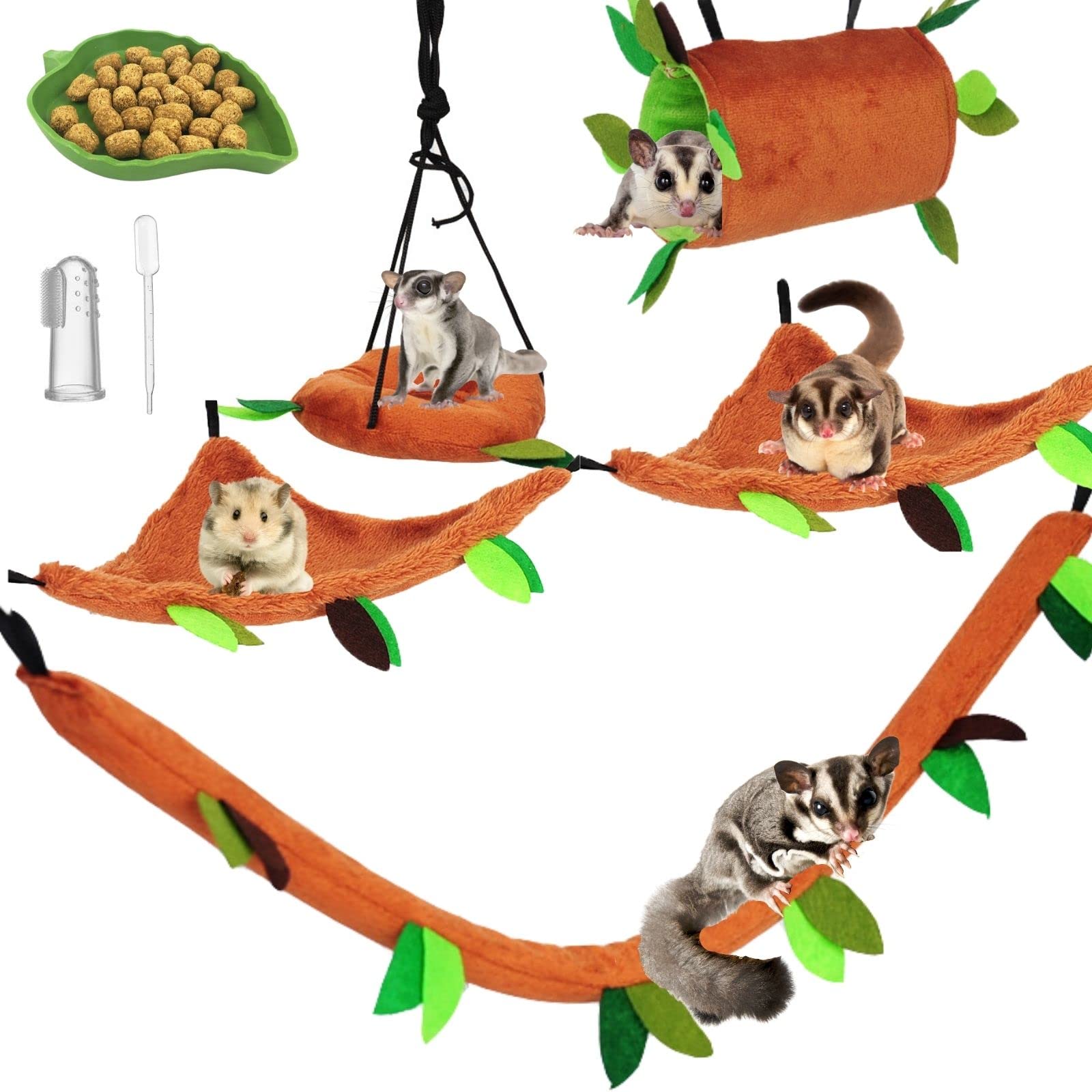 Fabmode 5Pcs Sugar Glider Supplies Cage Accessories Hammock Set Hanging Bed Hideout For Small Animal Pets Hamster Guinea Pig Squ