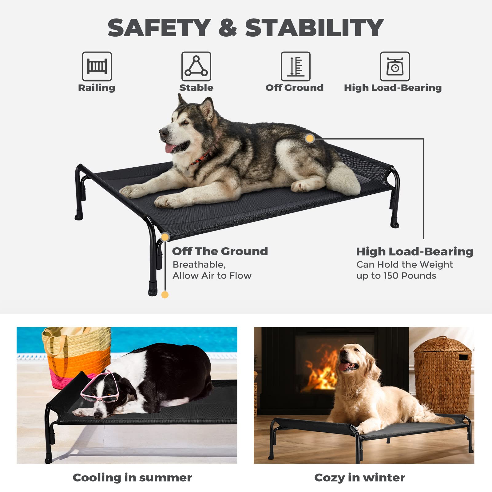 Veehoo Elevated Dog Bed, Outdoor Raised Dog Cots Bed For Large Dogs, Cooling Camping Elevated Pet Bed With Slope Headrest For Indoor And Outdoor, Washable Breathable, Large, Black, Cwc2204