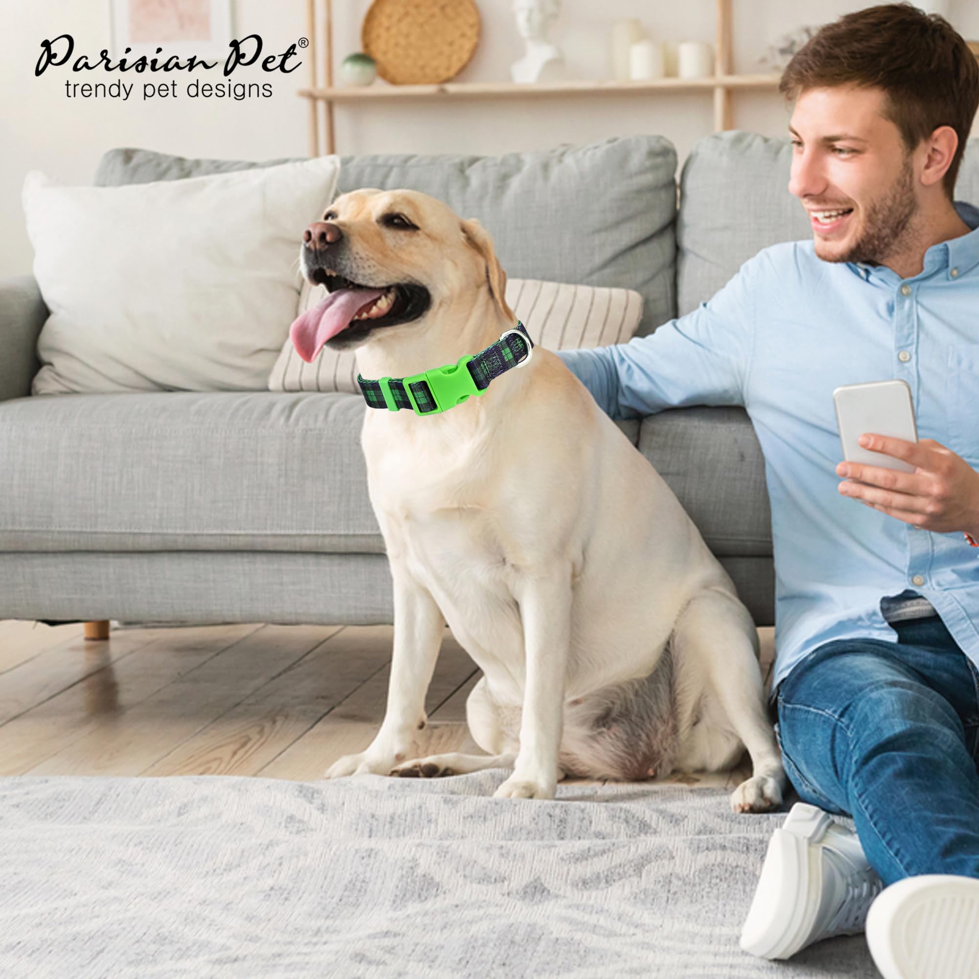 Parisian Pet Dog Collar - Adjustable “ Scottish Green Plaid “ Pattern Puppies Collar - Comfortable, And Breathable Dog Collar - Nylon Dog Collars For Large Dogs L