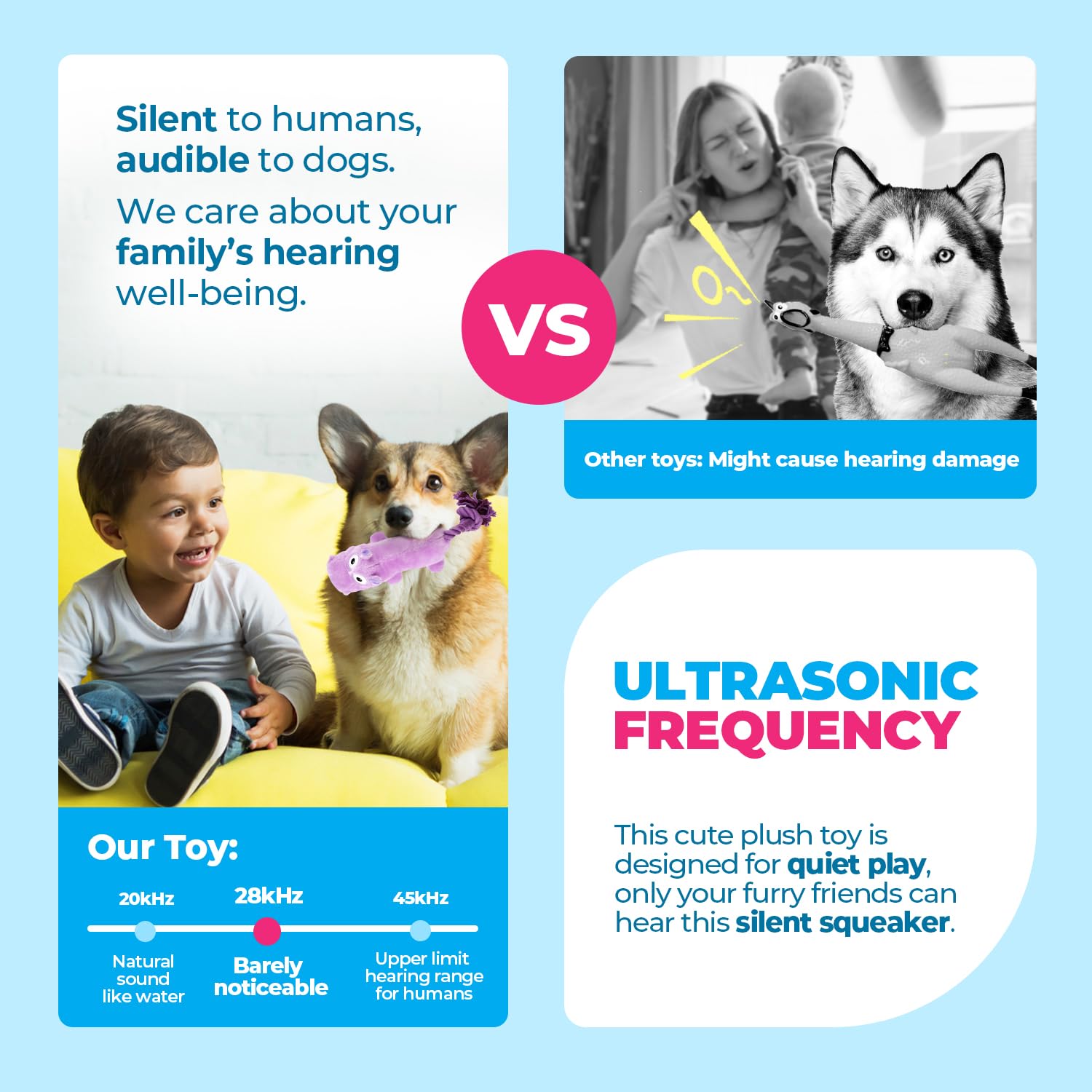 All For Paws Ultrasonic Silent Squeaker Dog Toy, Quiet Puppy Toy Comfort Plush Toy Dog Cuddle Toys, Squeakerless Dog Toy With Cu