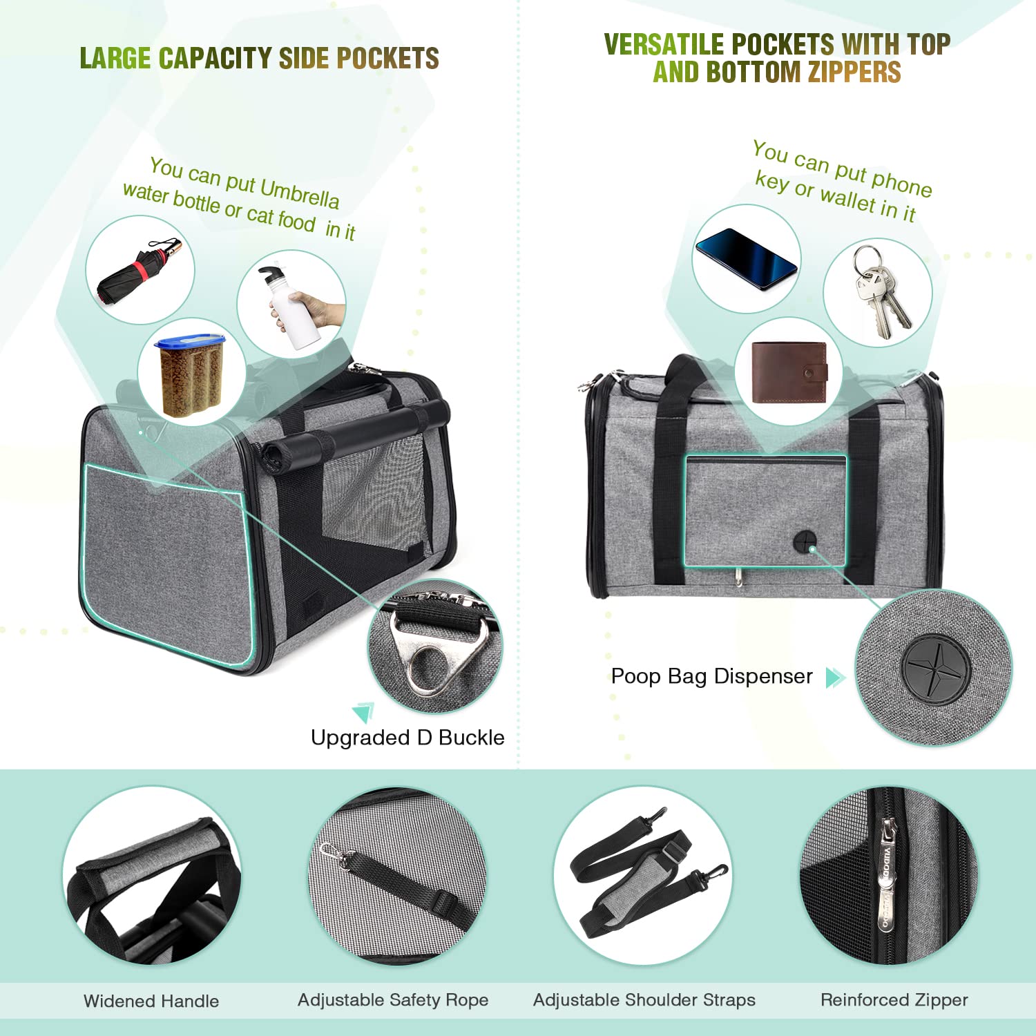 Yudodo 25 Lbs Lightproof Pet Carriers Airline Approved Dog Cat Travel Soft Sided Carrier Reflective Mesh Safe Pet Cat Carrier Foldable Portable Small Animal Rabbit Puppy Cat Carrier Grey Green