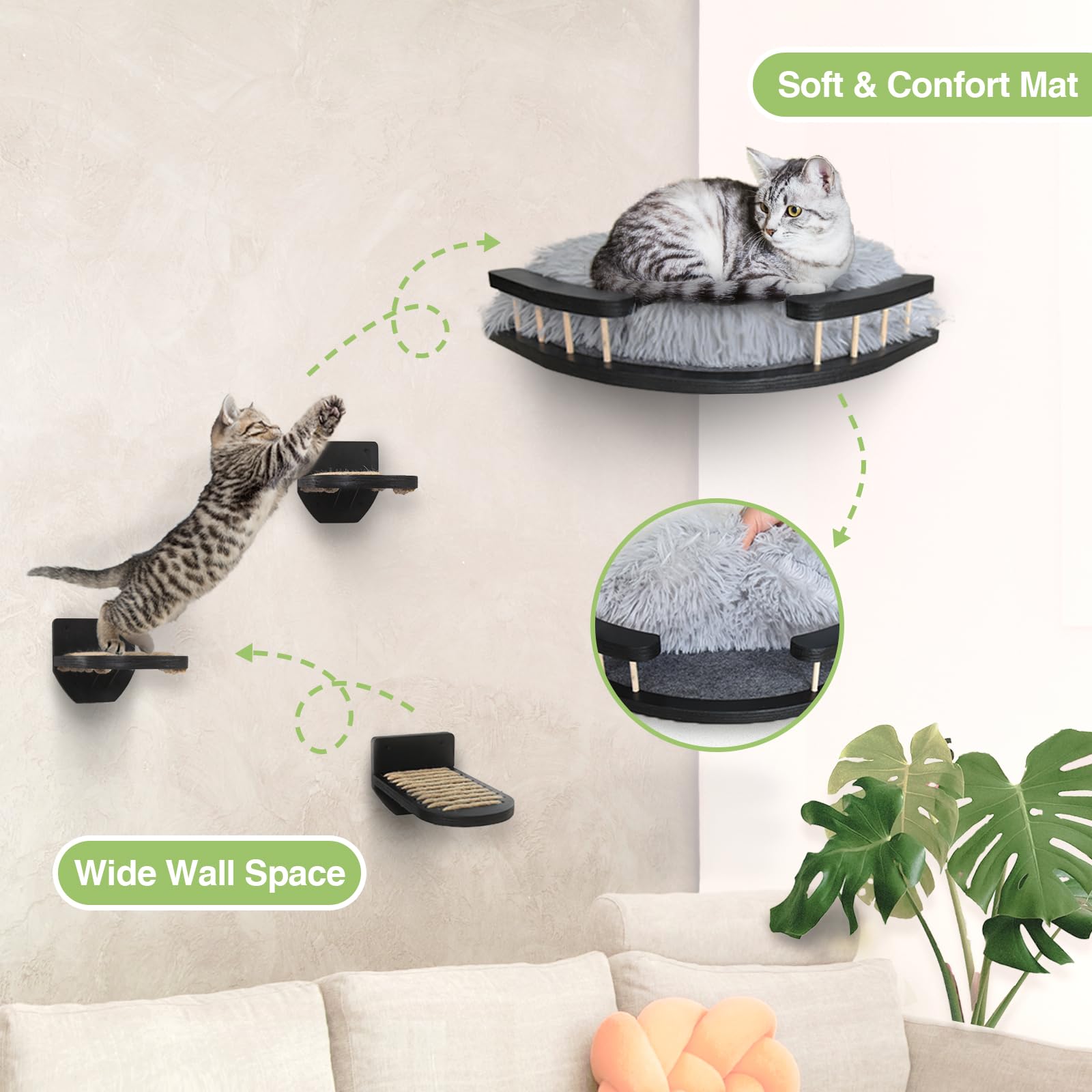 Cat Wall Furniture Set With Plush Cushion, Cat Hammock Cat Wall Shelves With 3 Cat Wall Steps, Cat Shelves And Perches For Wall