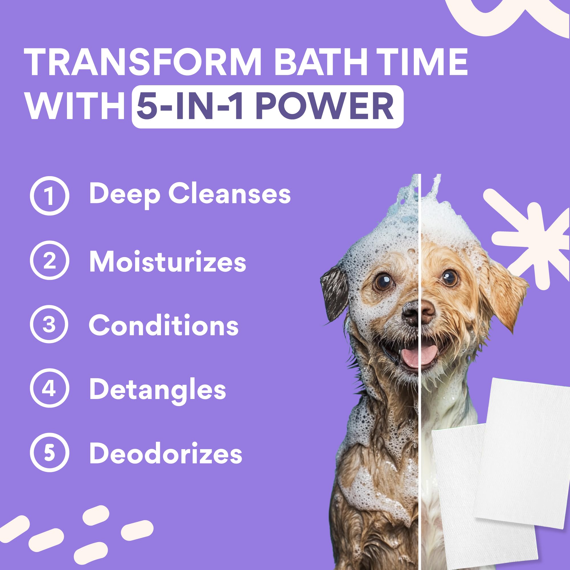 Washies Lavender Dog Shampoo Sheets, 2X Washes Than Liquid, Water Activated, Poodle & Smelly Dog Bath, Travel-Friendly, 65Ct
