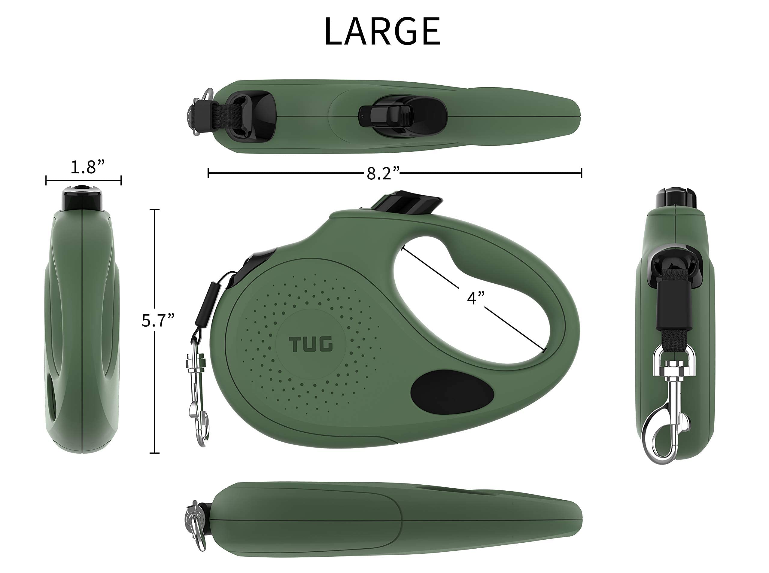Tug Oval 360 Tangle-Free Retractable Dog Leash With Integrated Waste Bag Dispenser (Large, Green)