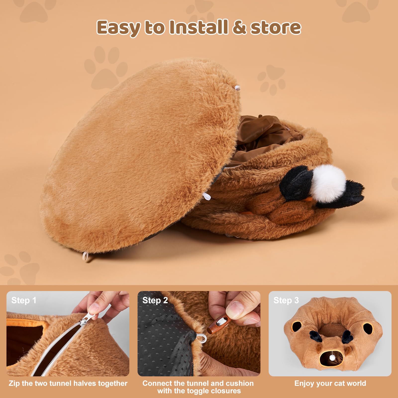 Odoland Reindeer Cat Tunnels Bed With 20 Kitten Toys For Indoor Cats, Plush Cats Couch Tunnel Bed - Kittens Cave Donut Tunnel -