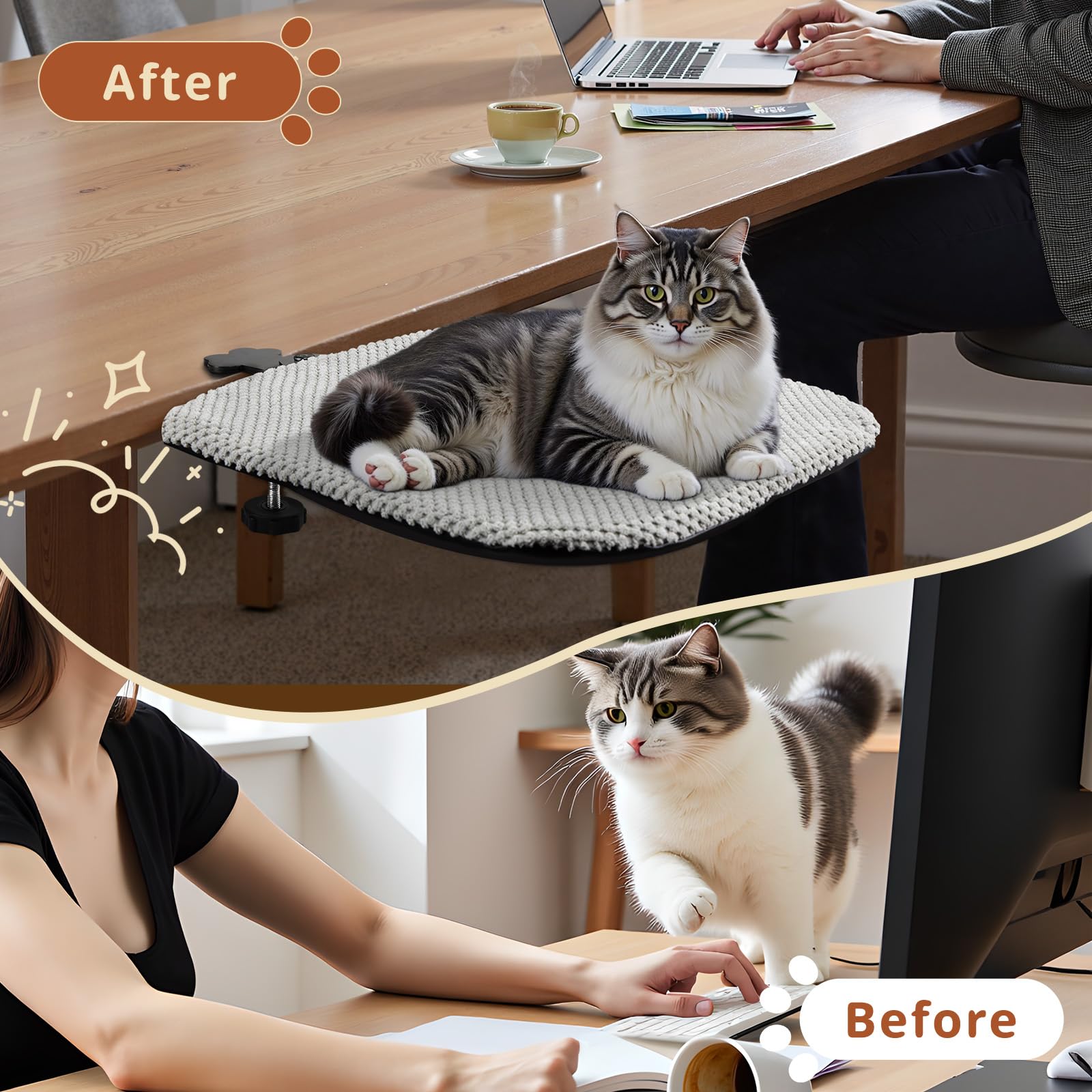 Cat Desk Bed-Sturdy Mounted Cat Hammock with Clamps, Soft Flannel Fabric, Supports Up to 44 lbs, Spacious Sleep Area Square Desk