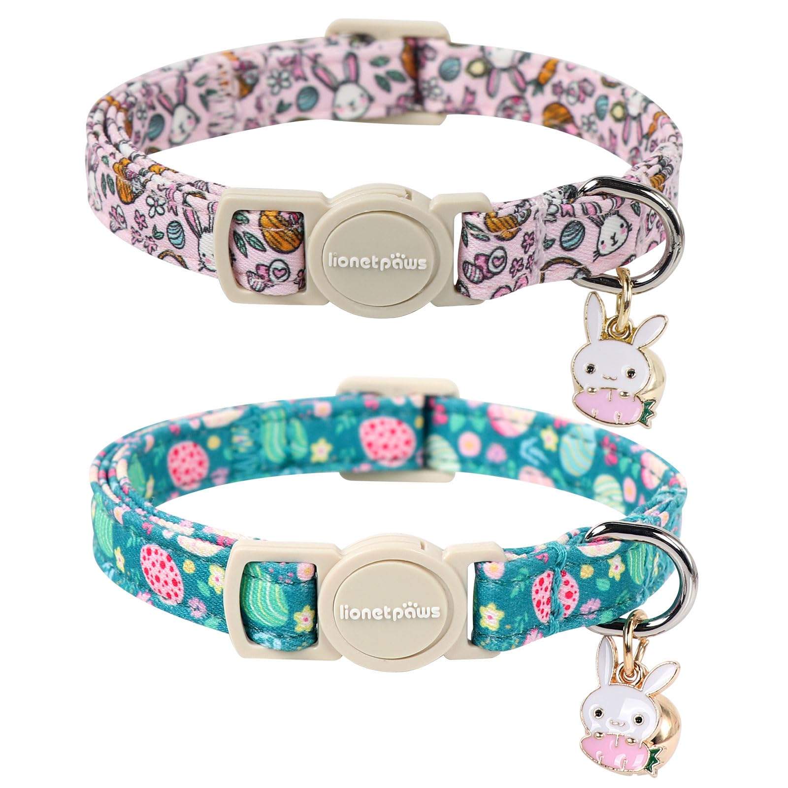Lionet Paws 2Pcs Pack Easter Cotton Cat Collar,Breakaway Buckle With Rabbit And Floral Eggs Cute Adjustable Green Cat Kitten Col