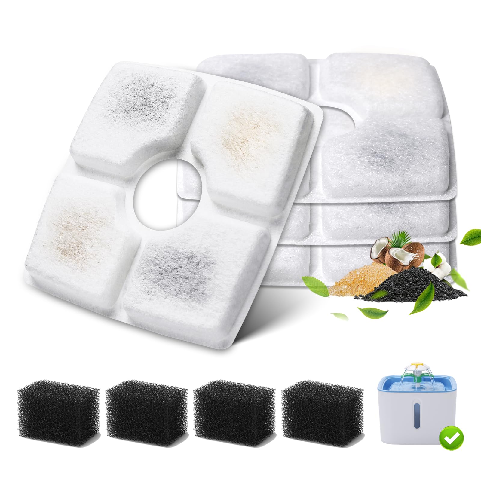 4-Pack Cat Water Fountain Filter Replacement & 4-Pack Pre-Filter Sponges for Square 84oz/2.5L Automatic Cat Fountain Dog Water D