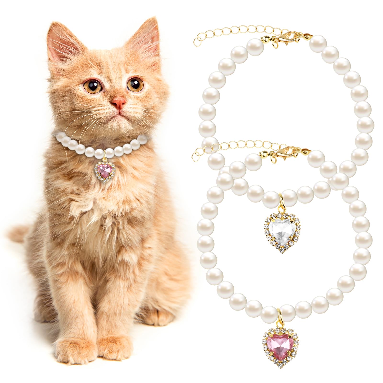 Tyqour 2Pcs Cute Girl Cat Collar, Fancy Dog Pearl Necklace Collars Adjustable Pearl Dog Cats Collars With Small Heart Shape Rhin