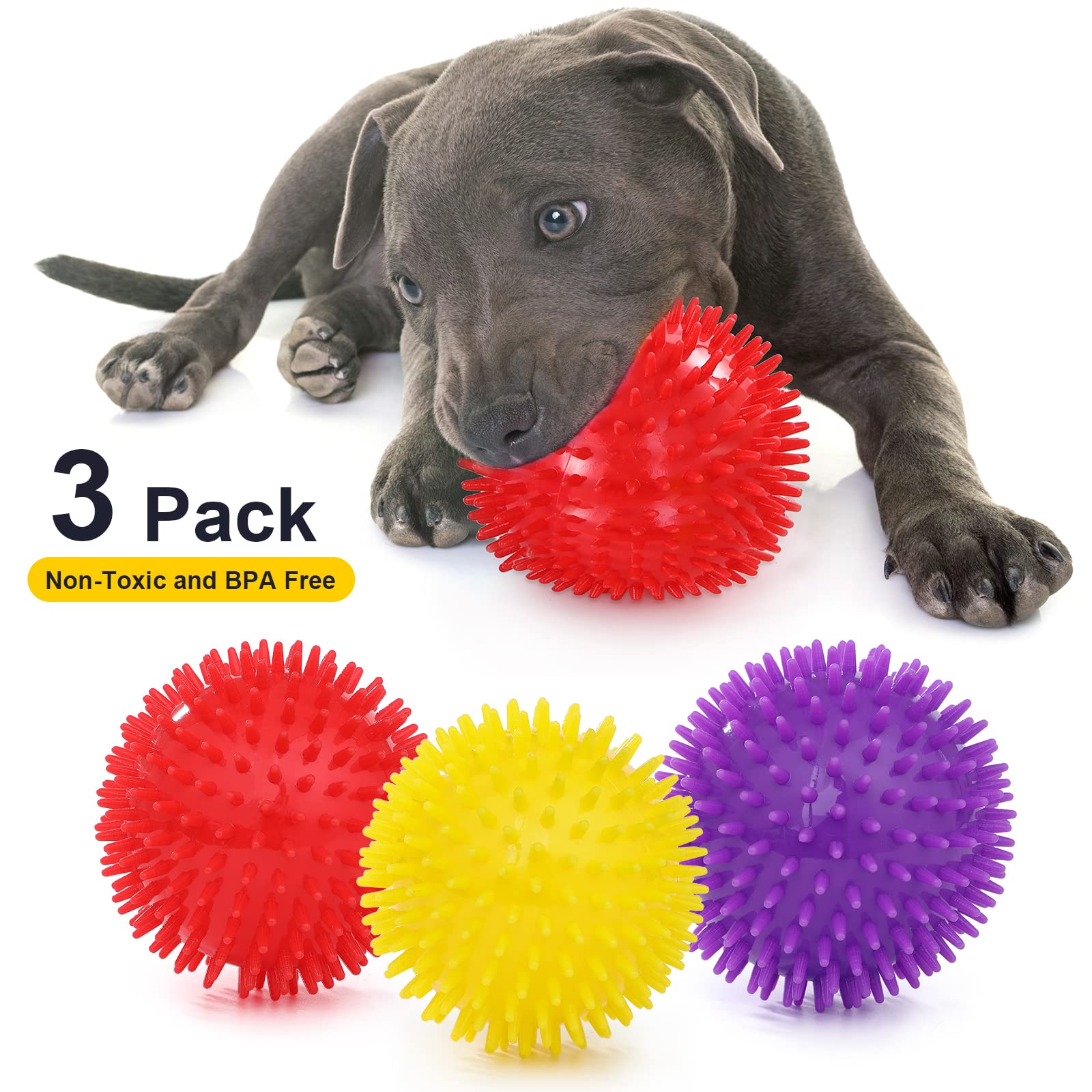 VITEVER 3 Colors 4.5? Heavy Duty Squeaky Dog Toy Balls for Medium Large Dogs, Dog Chew Toys for Teething, Spiky Dog Balls for Ag