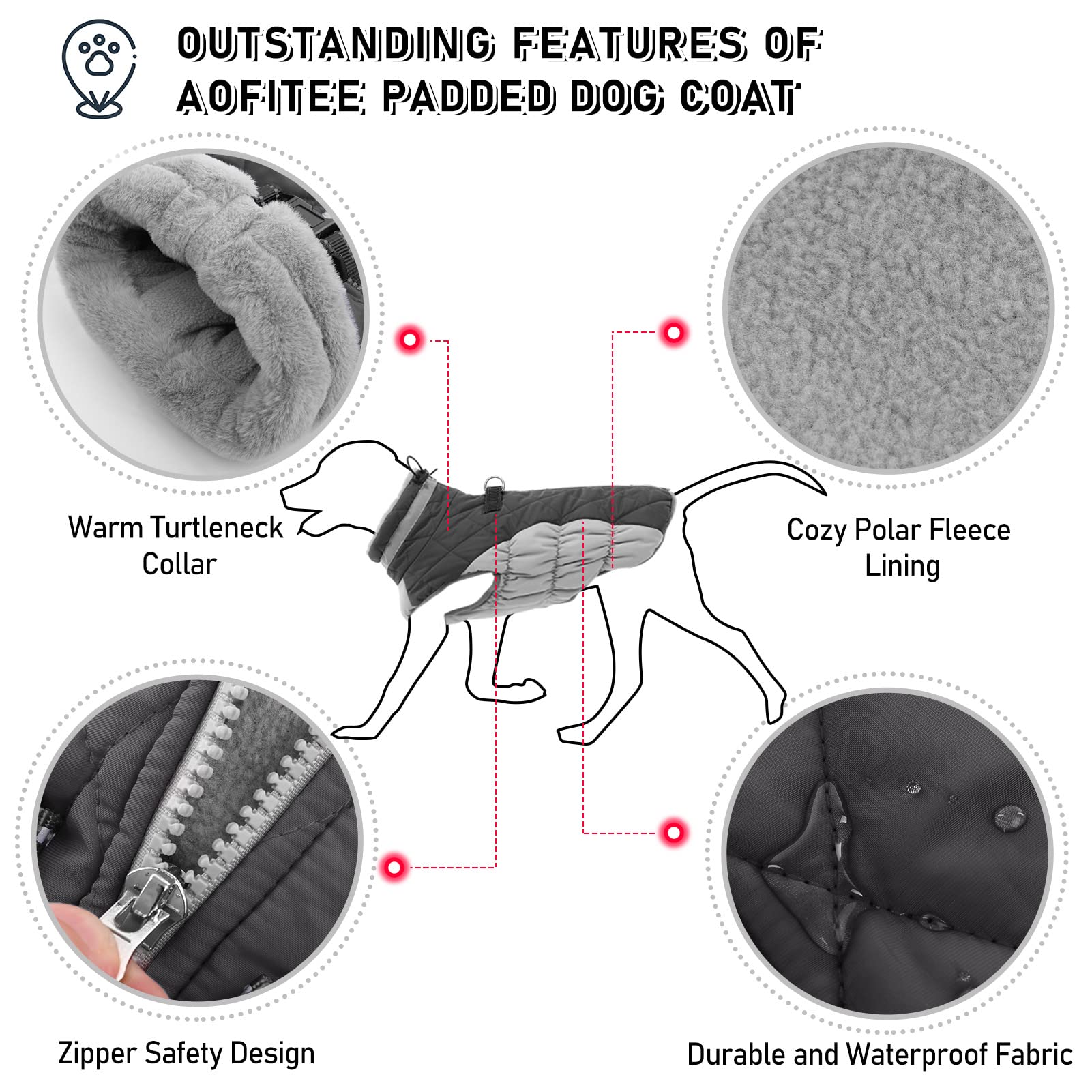 Aofitee Winter Dog Coat Warm Fleece Dog Jacket For Cold Weather, Reflective Zip Up Puppy Dog Padded Vest With Leash Rings, Outdoor Pet Sweater Snowsuit Apparel For Small Medium Large Dogs, Grey Xs
