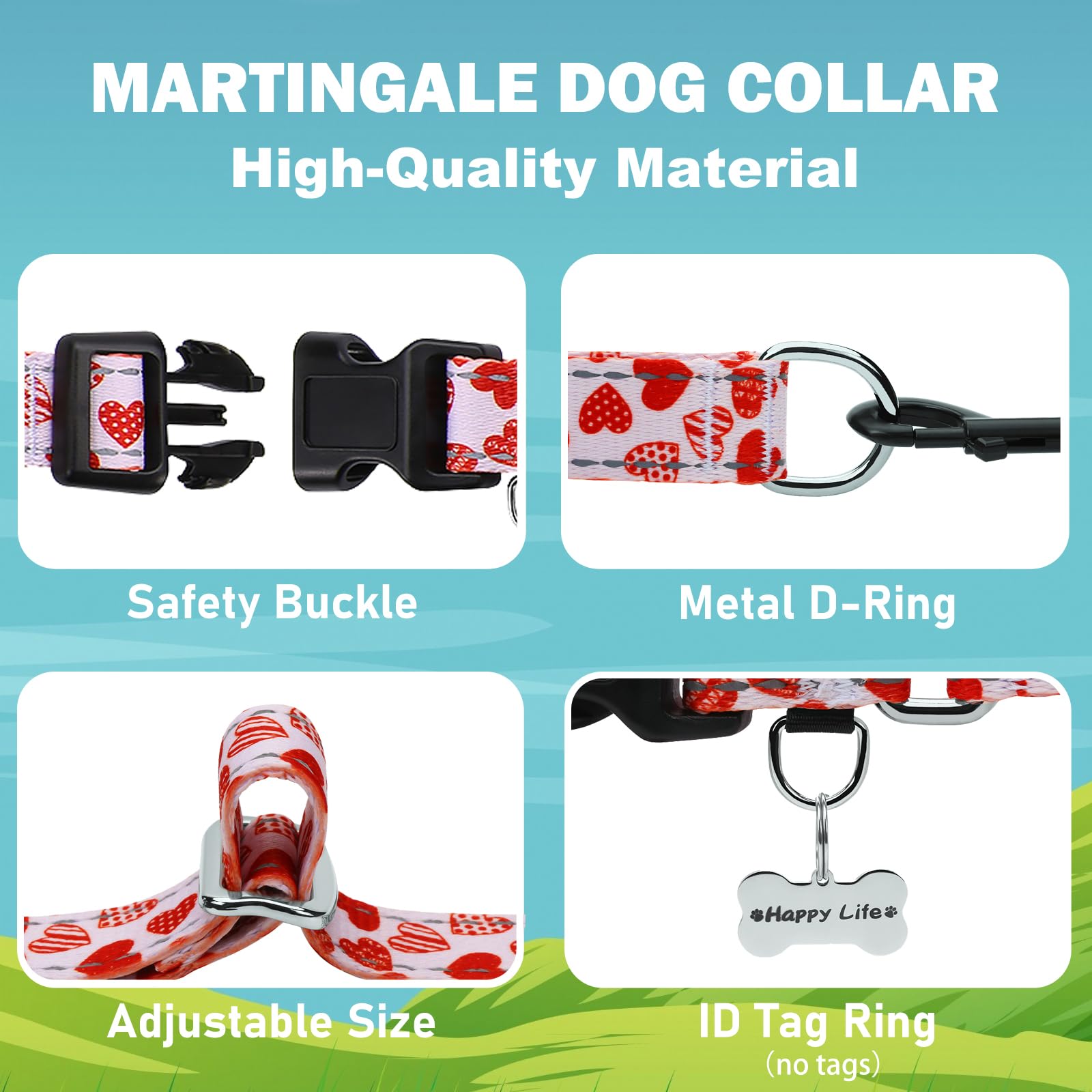 Fidohug Valentines Reflective Martingale Collar For Dogs With Quick Release Buckle Cute Girl No Pull Dog Collars (Red Heart, Xsm