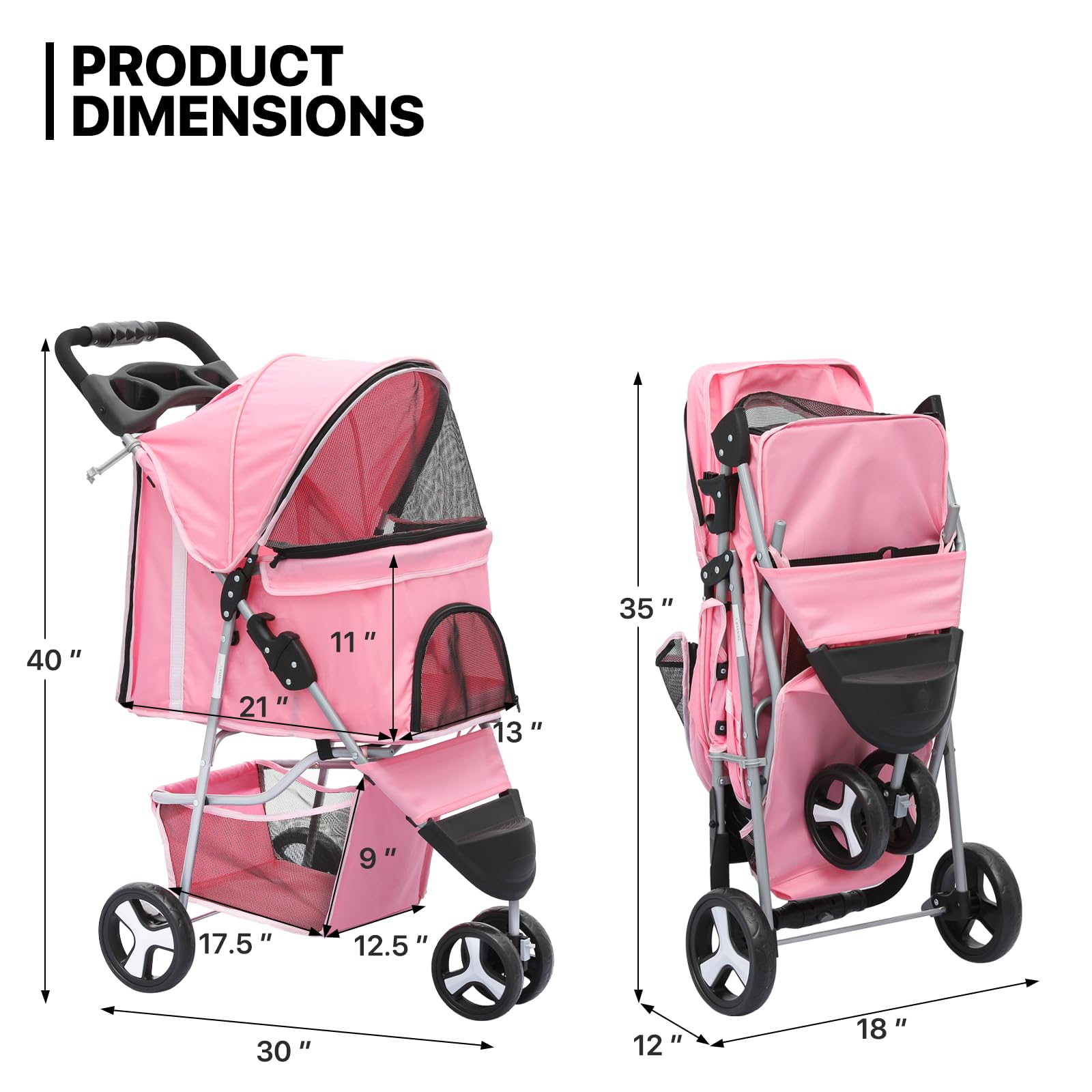 Monibloom 3-Wheels Foldable Pet Stroller With Waterproof Cover, Pet Strolling Cart For Small/Medium Dogs And Cats With Storage Basket And Cup Holder, Breathable And Visible Mesh For All-Season, Pink