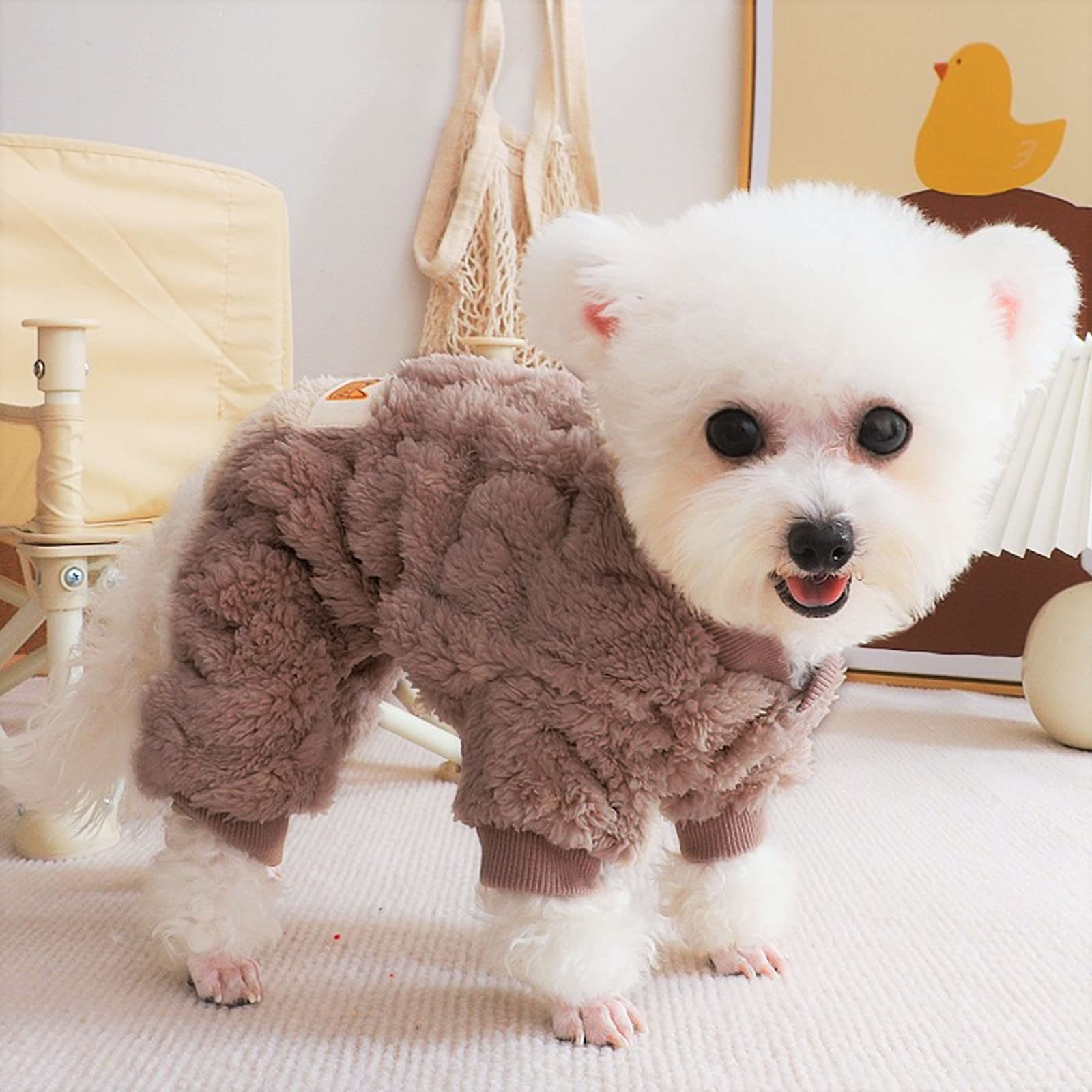 Loyanyy Plush Dog Pajamas For Cold Weather 4 Legged Clothes For Dog Cat Stretchy Puppy Kitten Onesie With Buttons Warm Soft Pet Jumpsuit Winter Coat Coffee Small