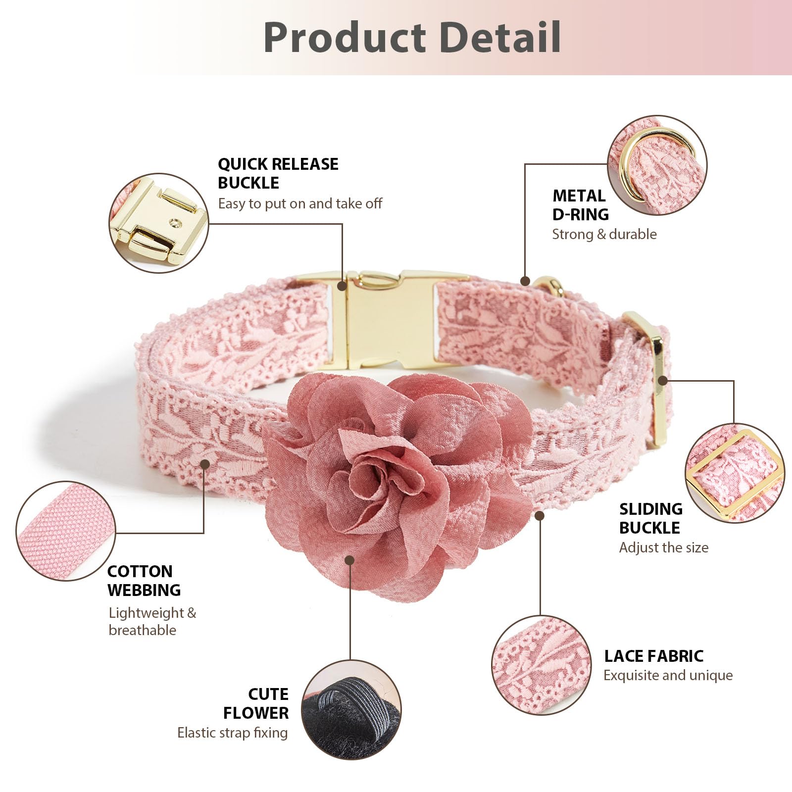 Hqrea Summer Girl Dog Collar And Leash Set Soft Cotton Lace Handmade Embroidered Personalized Designer Heavy-Duty Dog Collars Fo