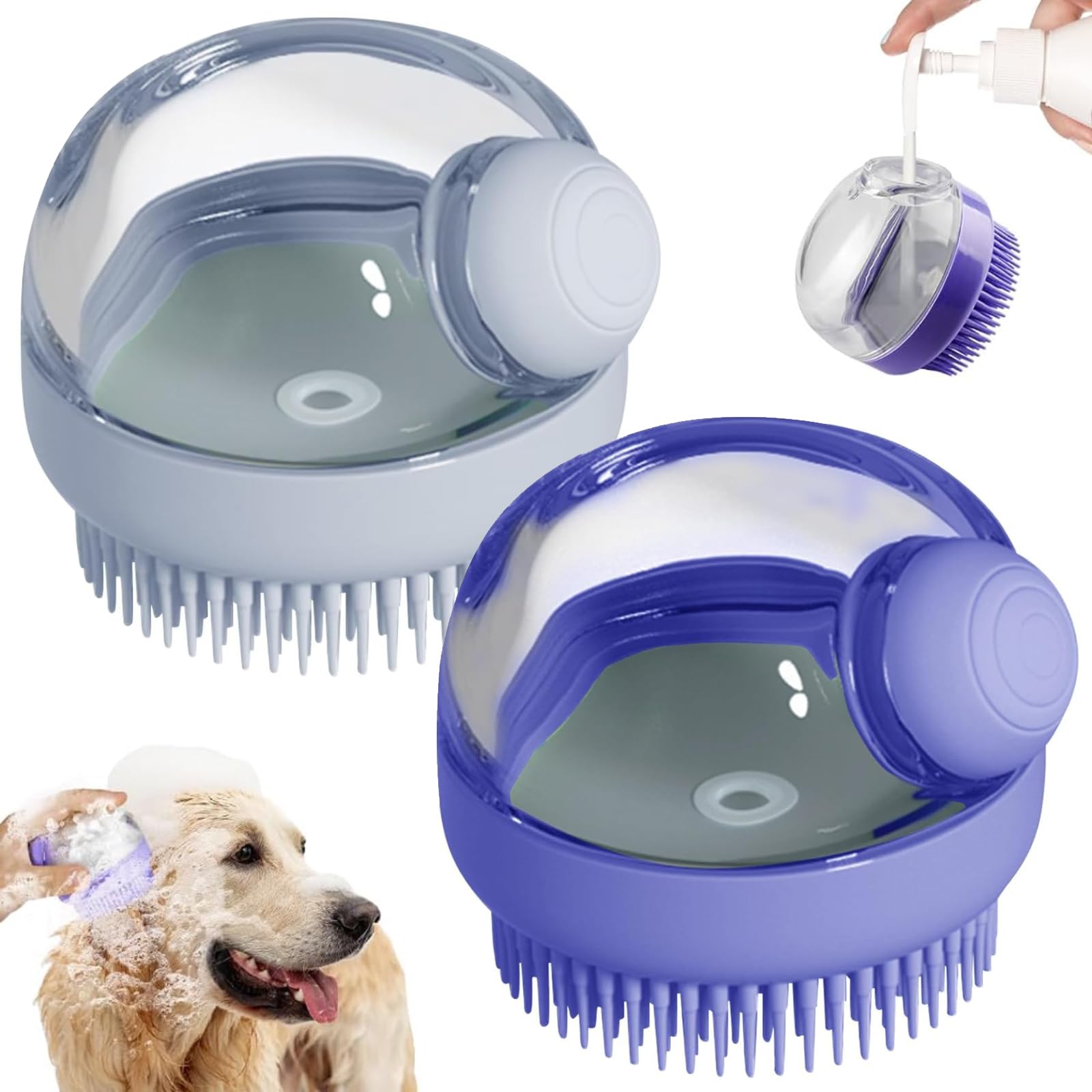 Kwispel Dog Bath Scrubber Brush, 2 Pcs Pet Dog Grooming Massage Shampoo Bath Brush With Soap And Shampoo Dispenser Soft Silicone