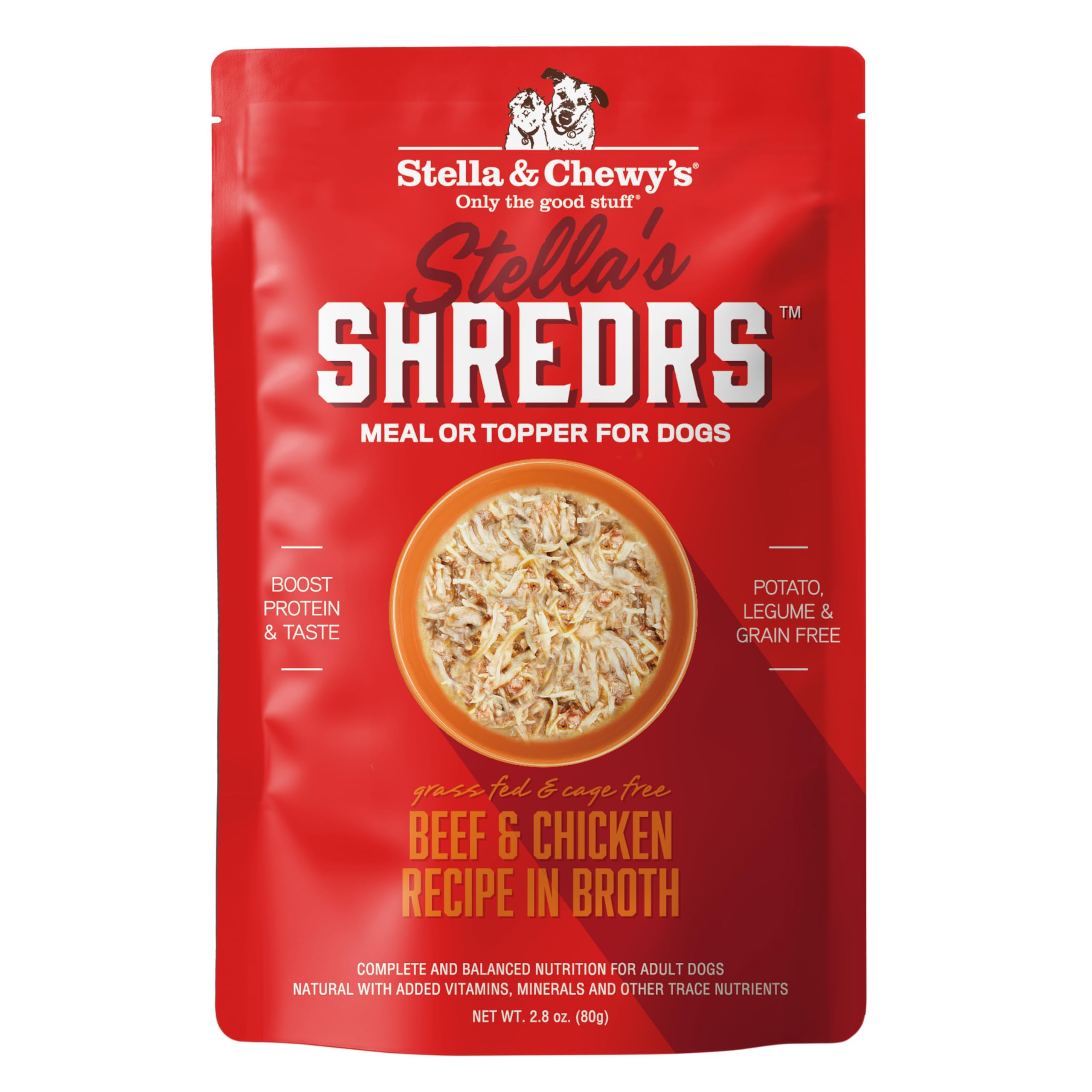 Stella & Chewys Stellas Shredrs Grass Fed & Cage Free Beef & Chicken Recipe in Broth, 2.8 oz. Pouches (Pack of 12)