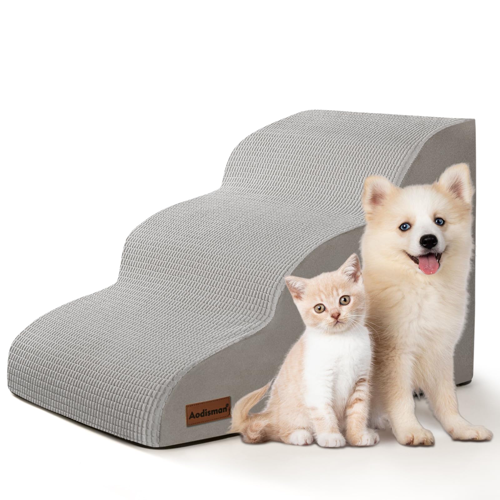 Aodisman 3-Step Dog Ramp and Stairs for Sofa and Chair - Non-Slip Sturdy Pet Steps for Small Dogs and Cats,15.7 H,Light Grey