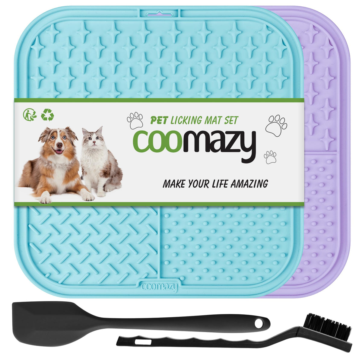 Coomazy Lick Mat For Dog And Cat, Slow Feeder & Non-Slip Design, Boredom And Anxiety Reducer, Suitable For Food, Treats, Yogurt, Peanut Butter And Liver Paste, Bpa-Free, Non-Toxic, Blue & Purple