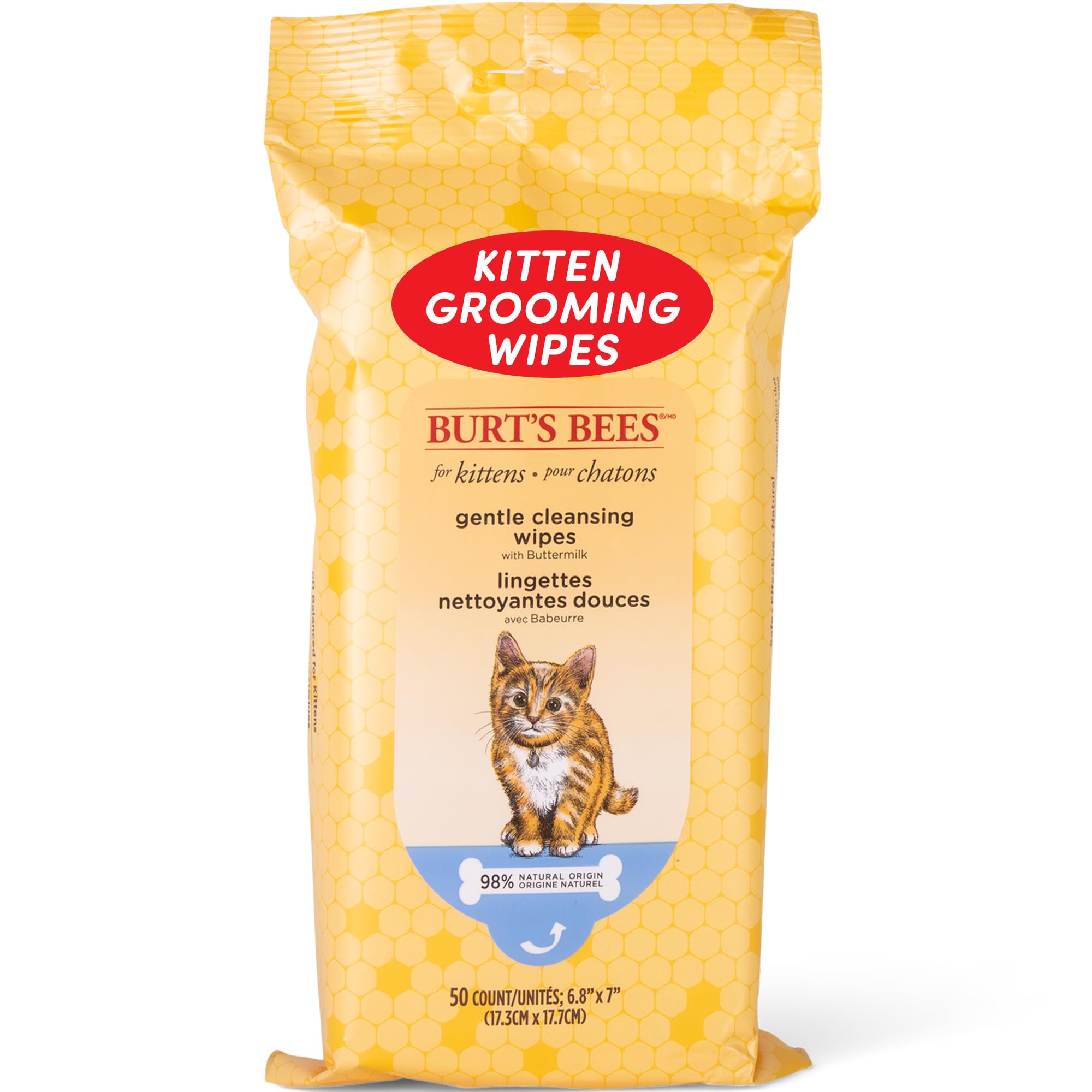 Burt'S Bees For Pets Kitten Wipes With Buttermilk, 98% Natural Origin Formulas, Cat Wipes, Cat Grooming Supplies, Cat Cleaning Wipes, Waterless Cat Grooming, 50Ct