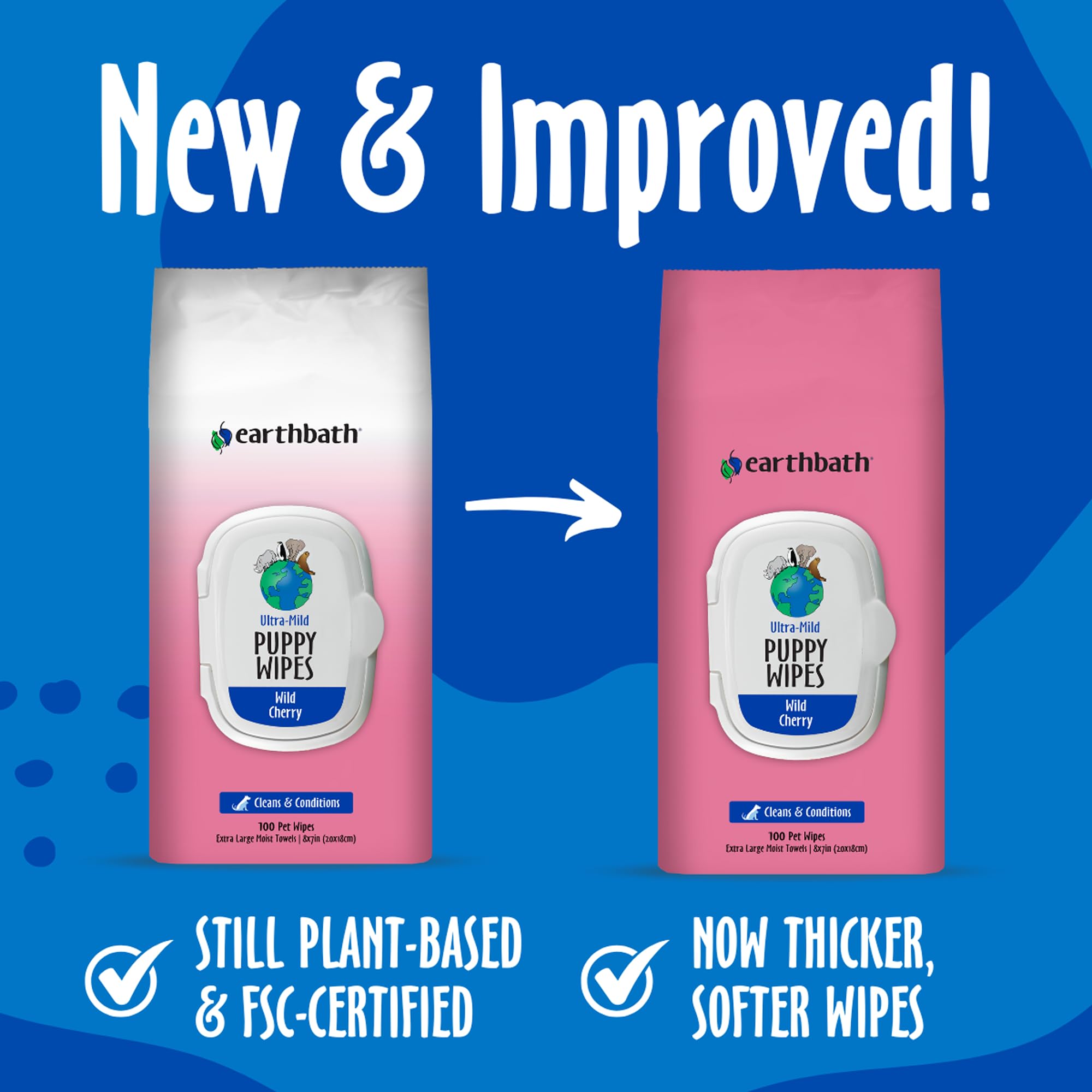 Earthbath, Ultra-Mild Wild Cherry Puppy Wipes - Dog Wipes For Paws And Butt, Best Pet Wipes For Dogs & Puppies, Made In Usa, Cru