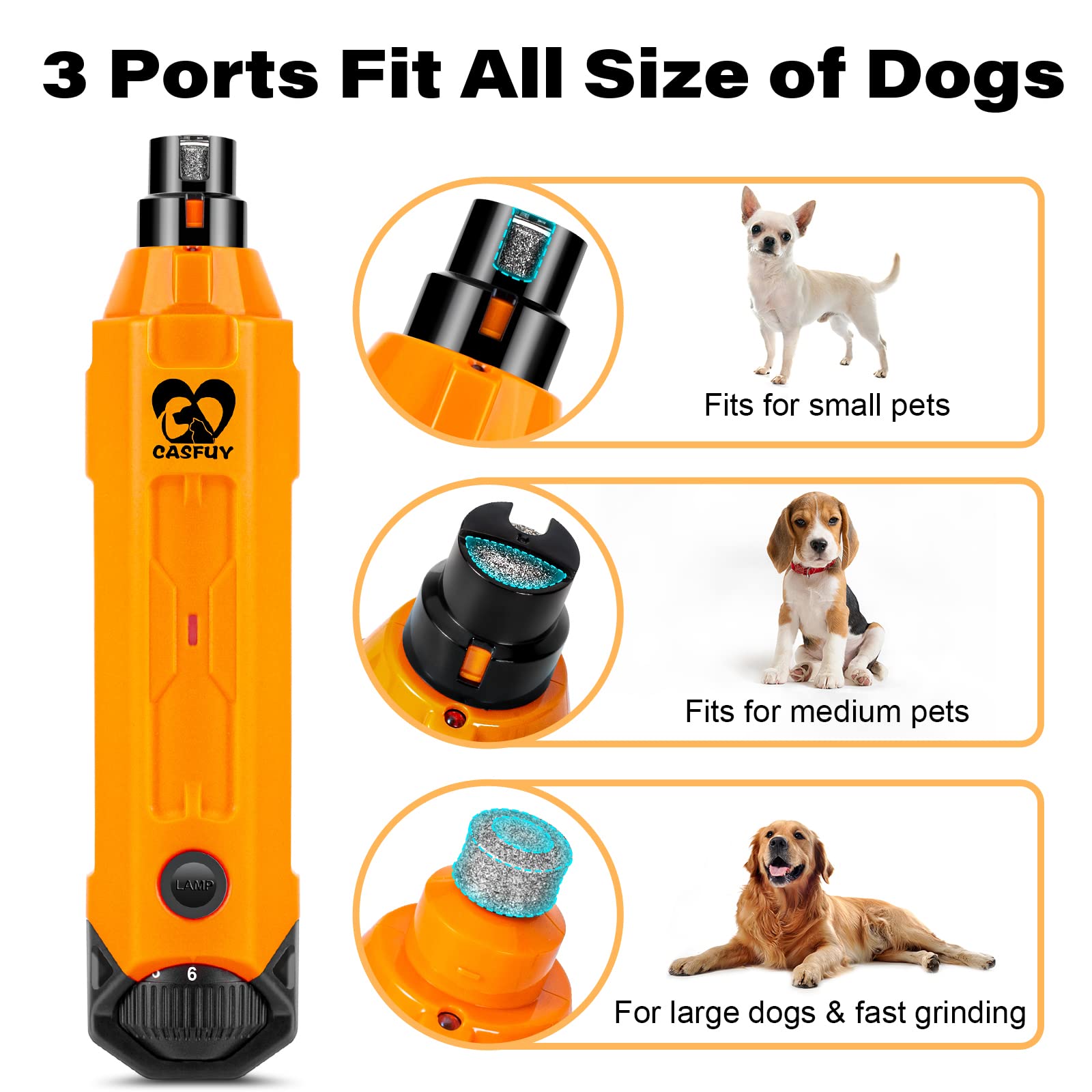 Casfuy 6-Speed Dog Nail Grinder - Newest Enhanced Pet Nail Grinder Super Quiet Rechargeable Electric Dog Nail Trimmer Painless Paws Grooming & Smoothing Tool For Large Medium Small Dogs (Orange)