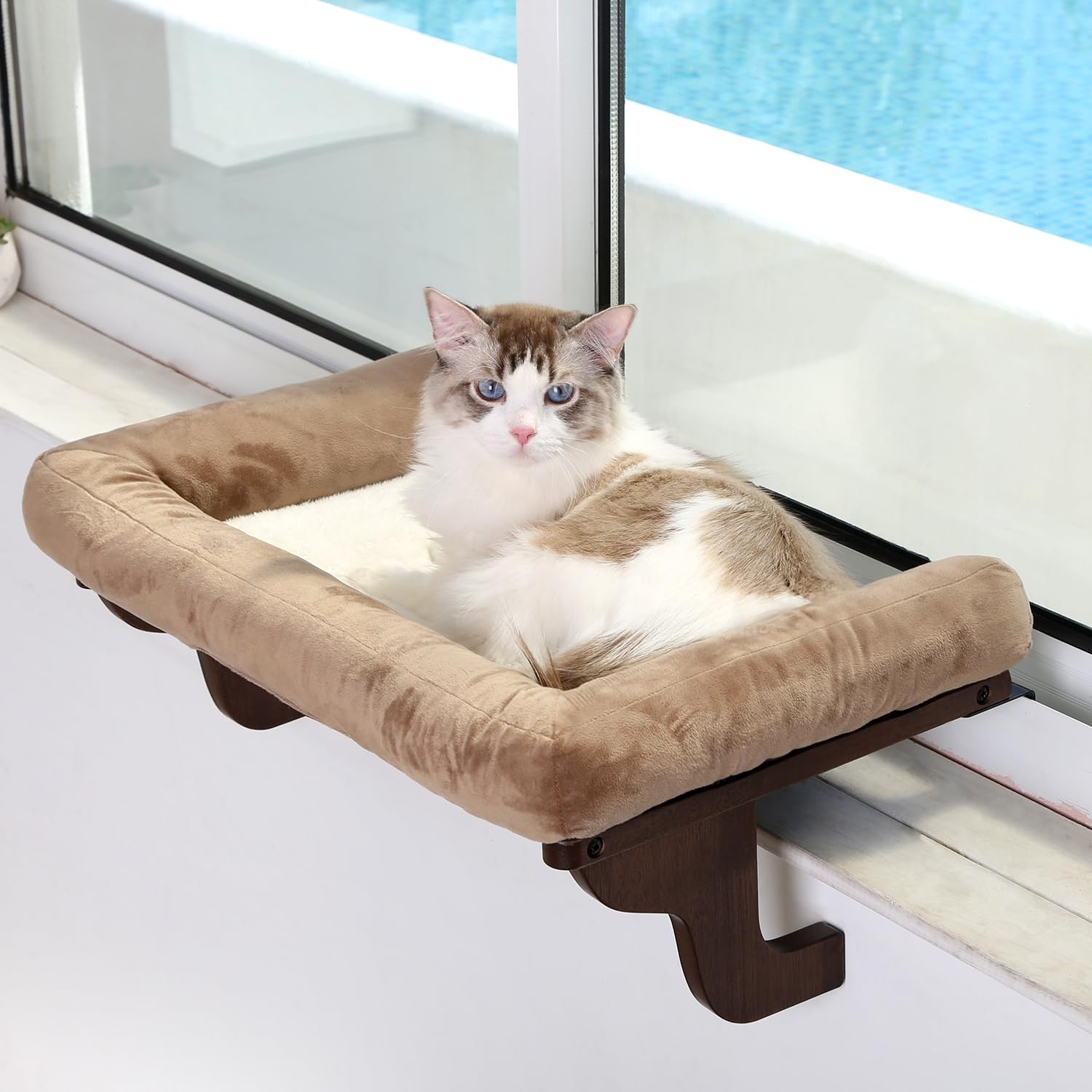 Zakkart Cat Perch For Window Sill With Bolster - Orthopedic Hammock Design With Premium Hardwood & Robust Metal Frame - Cat Window Seat For Large Cats And Kittens - Dark Stained Wood With Brown Bed