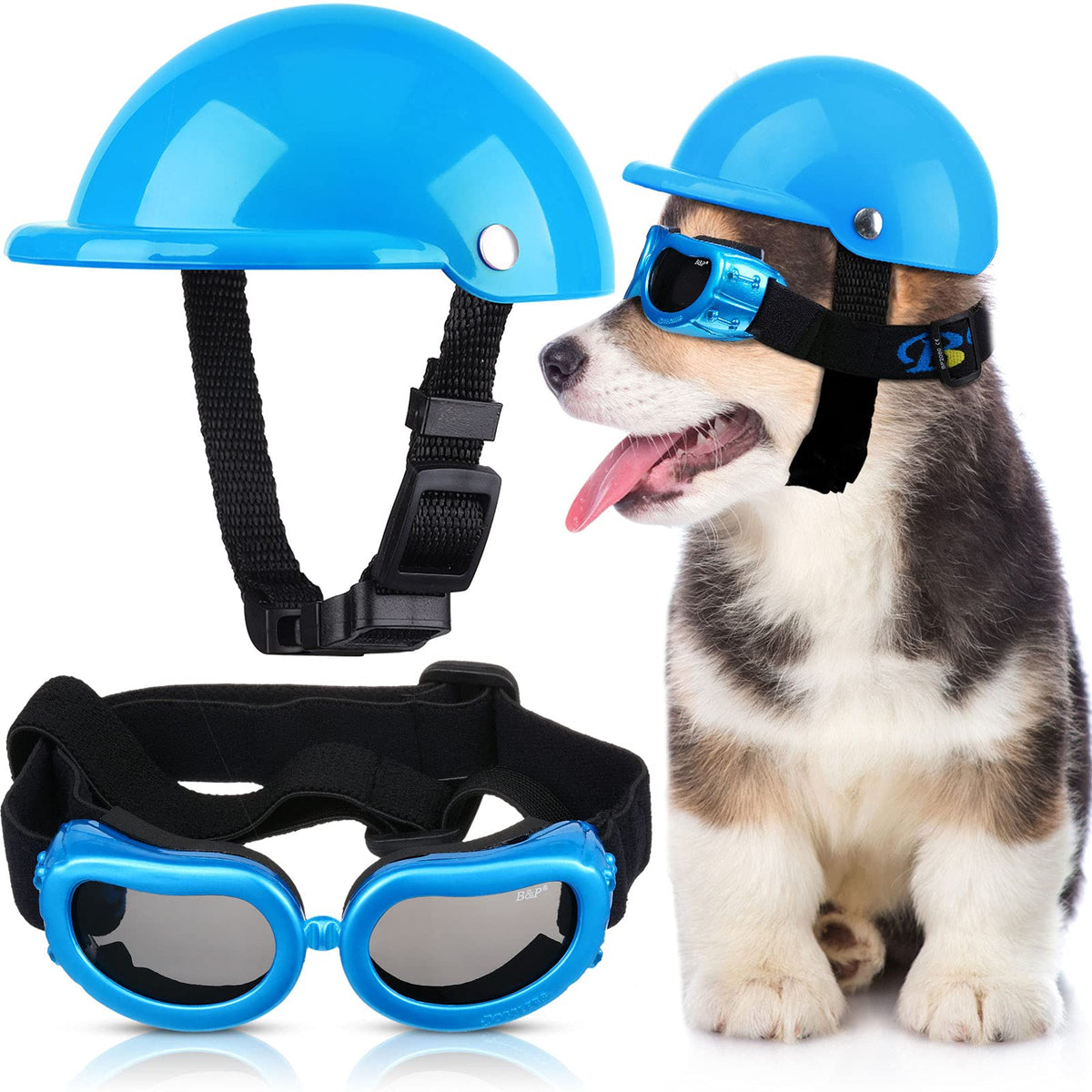 Small Dog Helmet Goggles Uv Protection Doggy Sunglasses Pet Dog Glasses Motorcycle Hard Safety Hat With Adjustable Belt Windproof Snowproof Eye Head Protection For Puppy Riding, S Size,S Size (Blue)