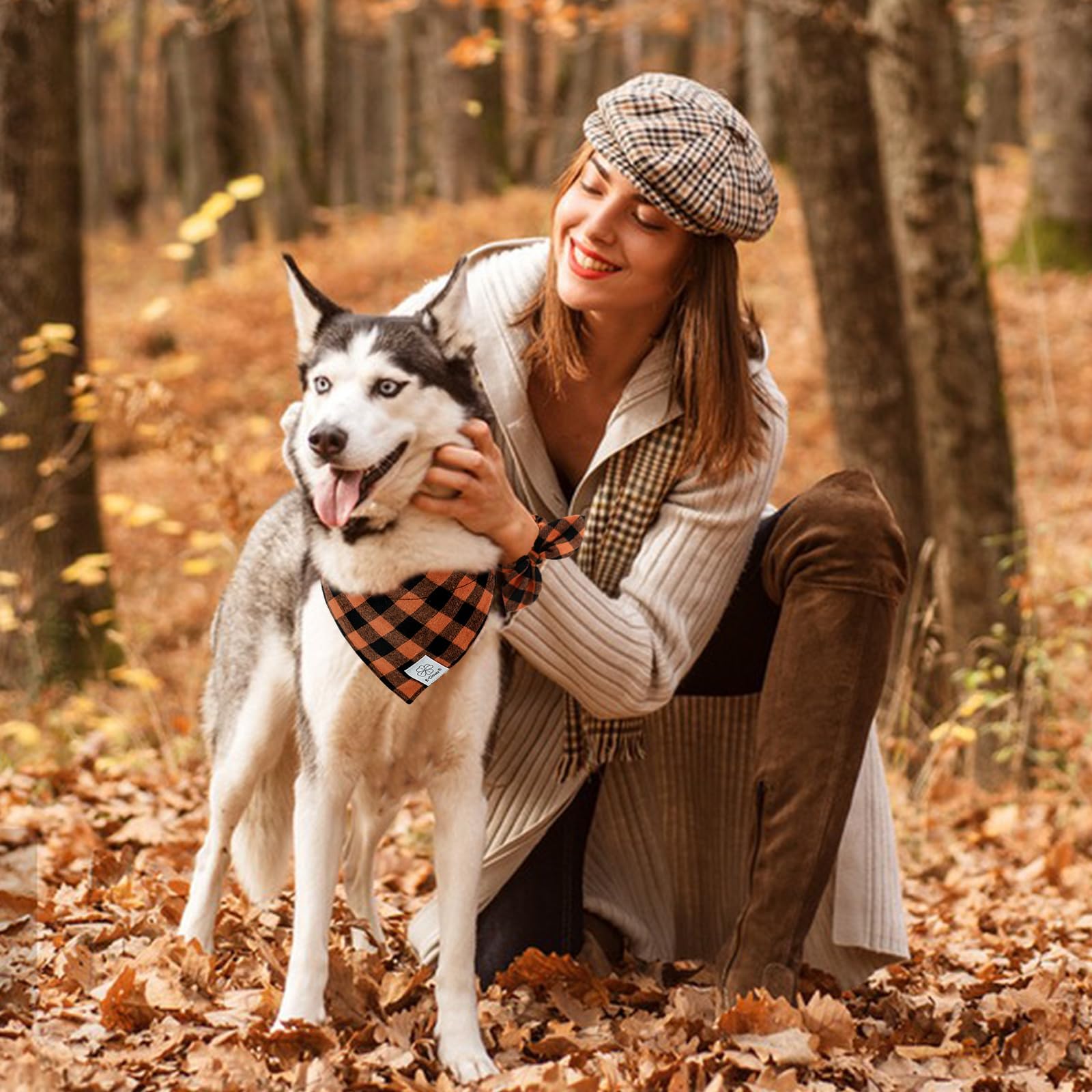 E-Clover Fall Dog Collar-Plaid Dog Collar Bandana & Matching Scrunchie Adjustable Dog Collars For Small Medium Dogs Cats Owner G