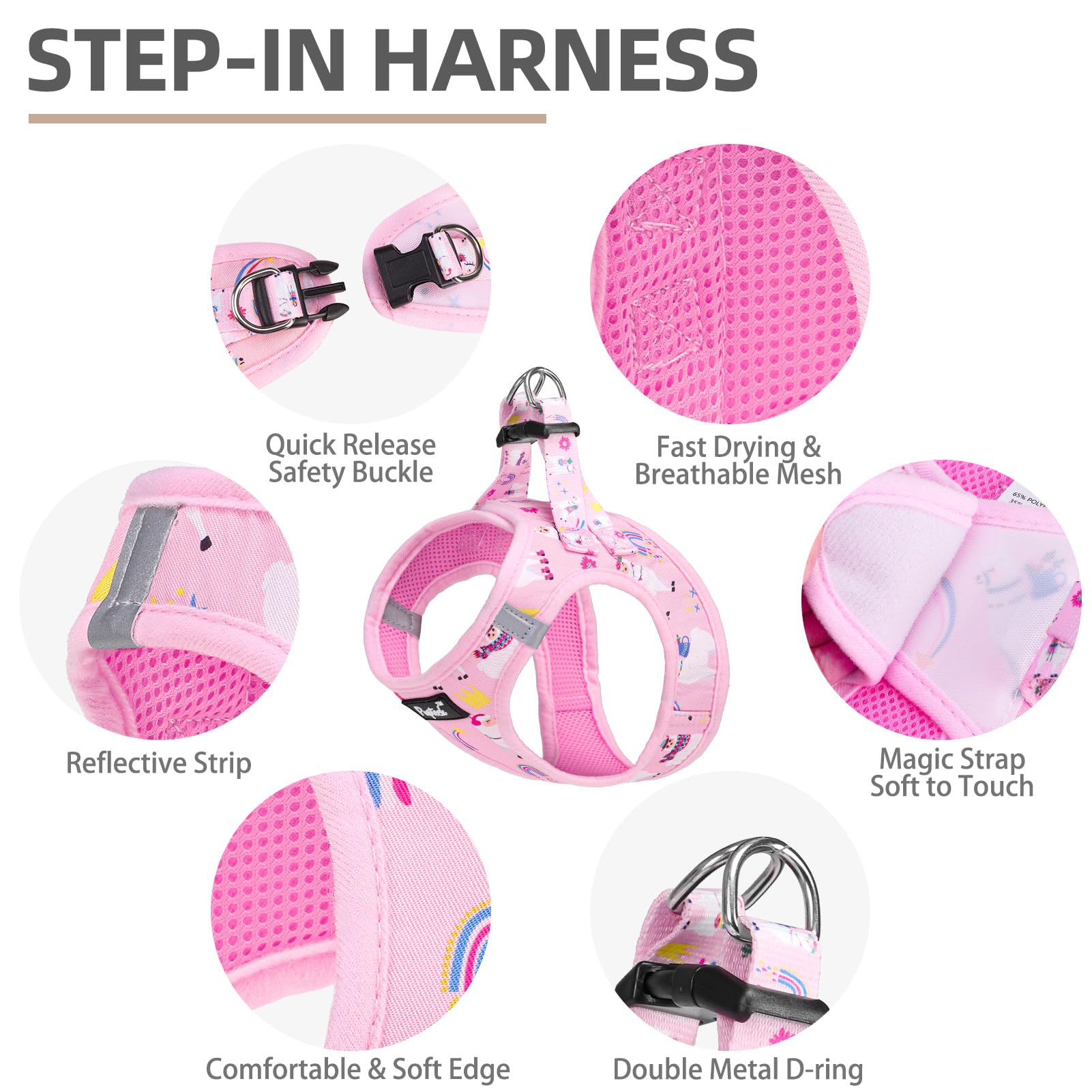 Pupteck Adjustable Dog Harness Collar And Leash Set, Step In No Pull Pet Harness For Small Medium Dogs Puppy Cats Outdoor Walking, Soft Mesh Padded Reflective Vest Harnesses, Light Pink Alpaca, L